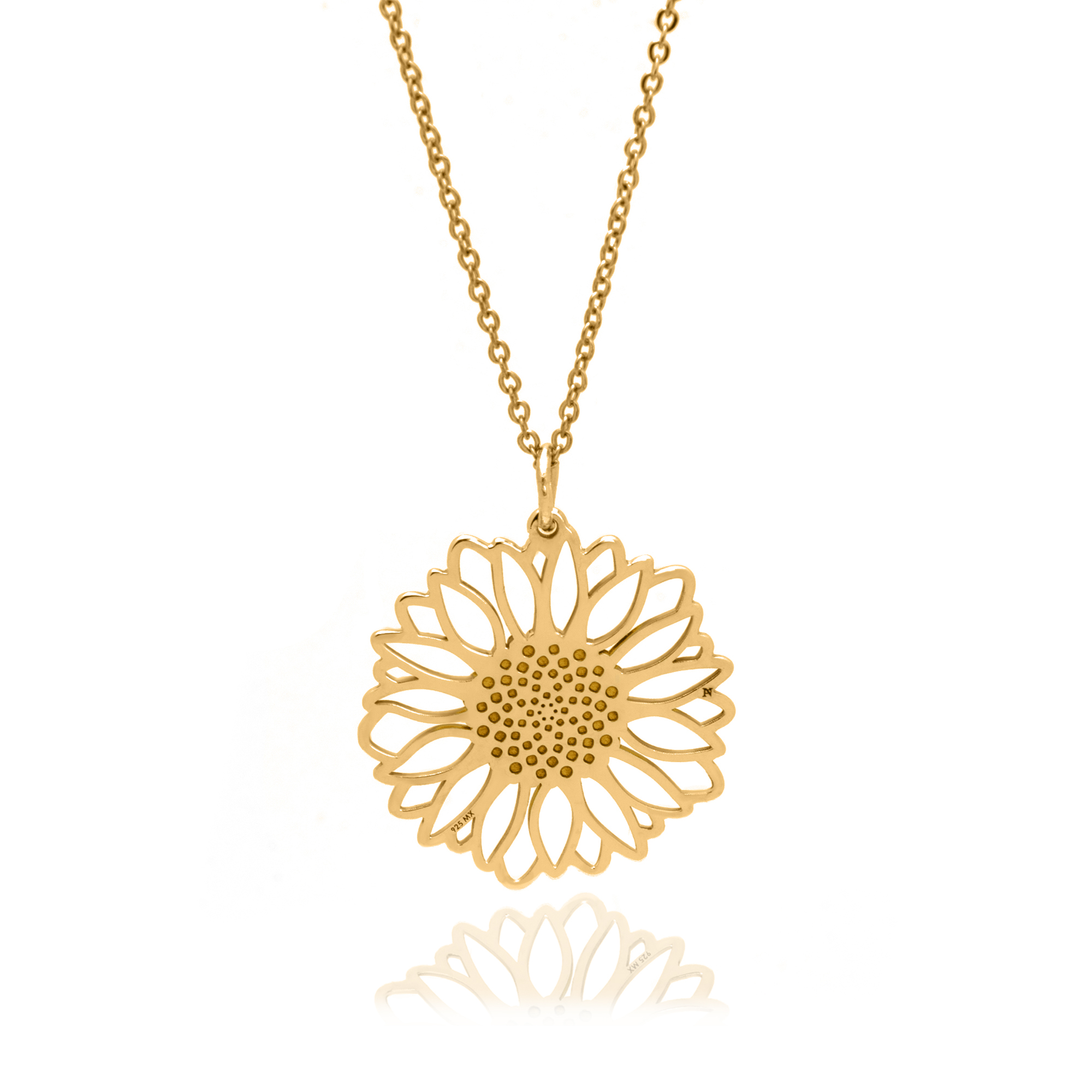 Dije Girasol de plata .925 con baño de oro y cadena, Colección Girasol, Joyería para Mujer de Anante Joyería