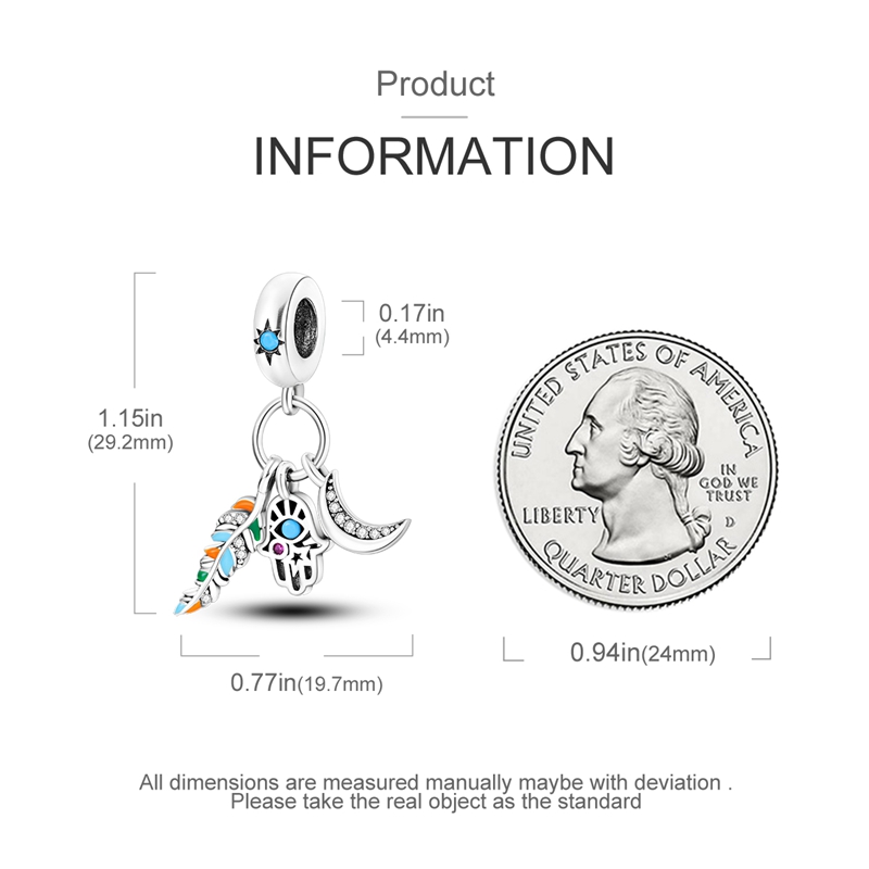 Charm Triple Hamsa Mano Fatima Luna y Pluma Dije En Plata Compatible Pulsera Pandora