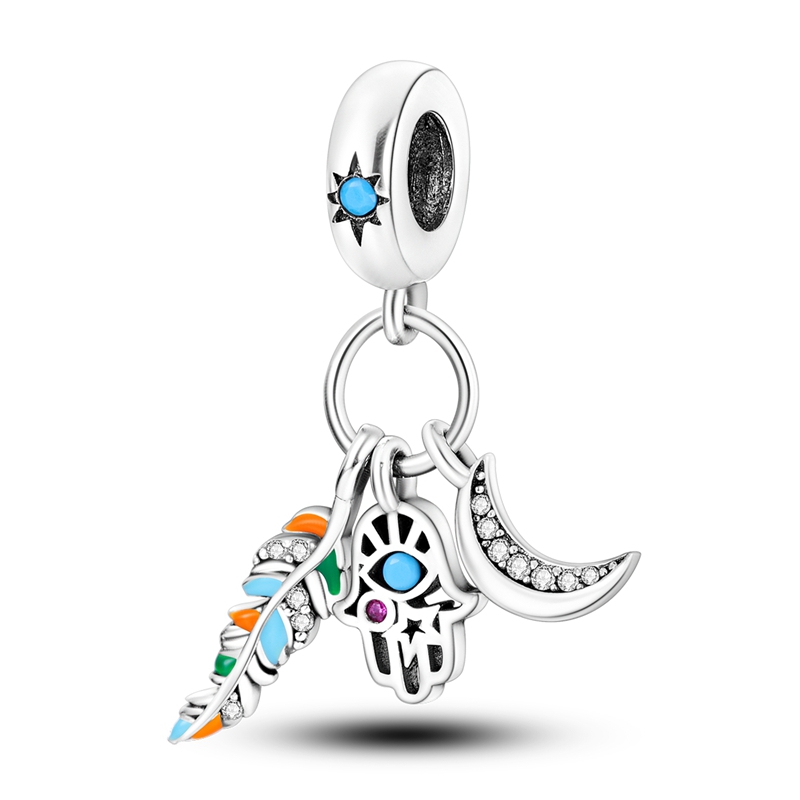 Charm Triple Hamsa Mano Fatima Luna y Pluma Dije En Plata Compatible Pulsera Pandora