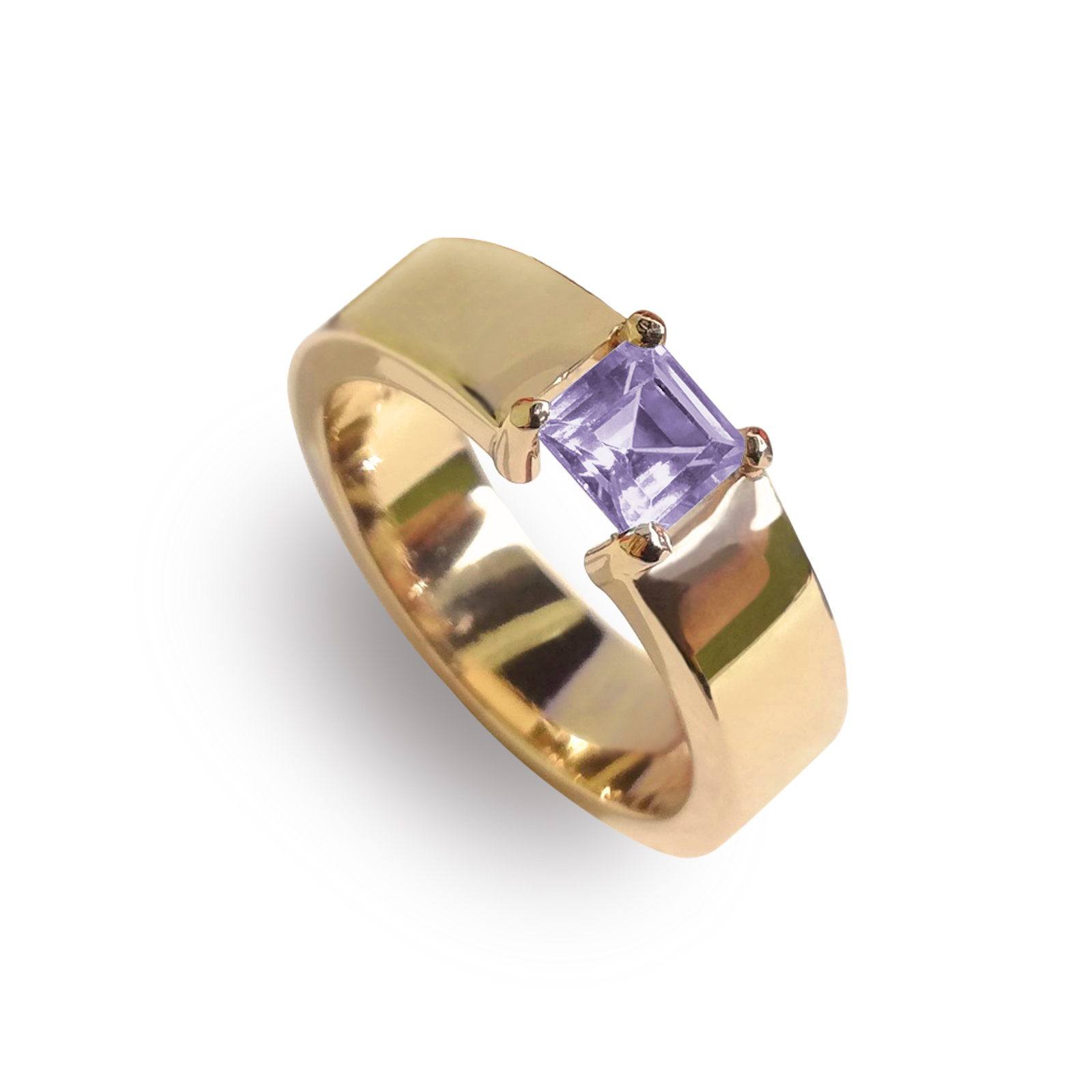 Anillo de plata .925 con baño de oro y piedra amatista natural al centro, Colección Azafrán, Joyería para Mujer de Anante Joyería