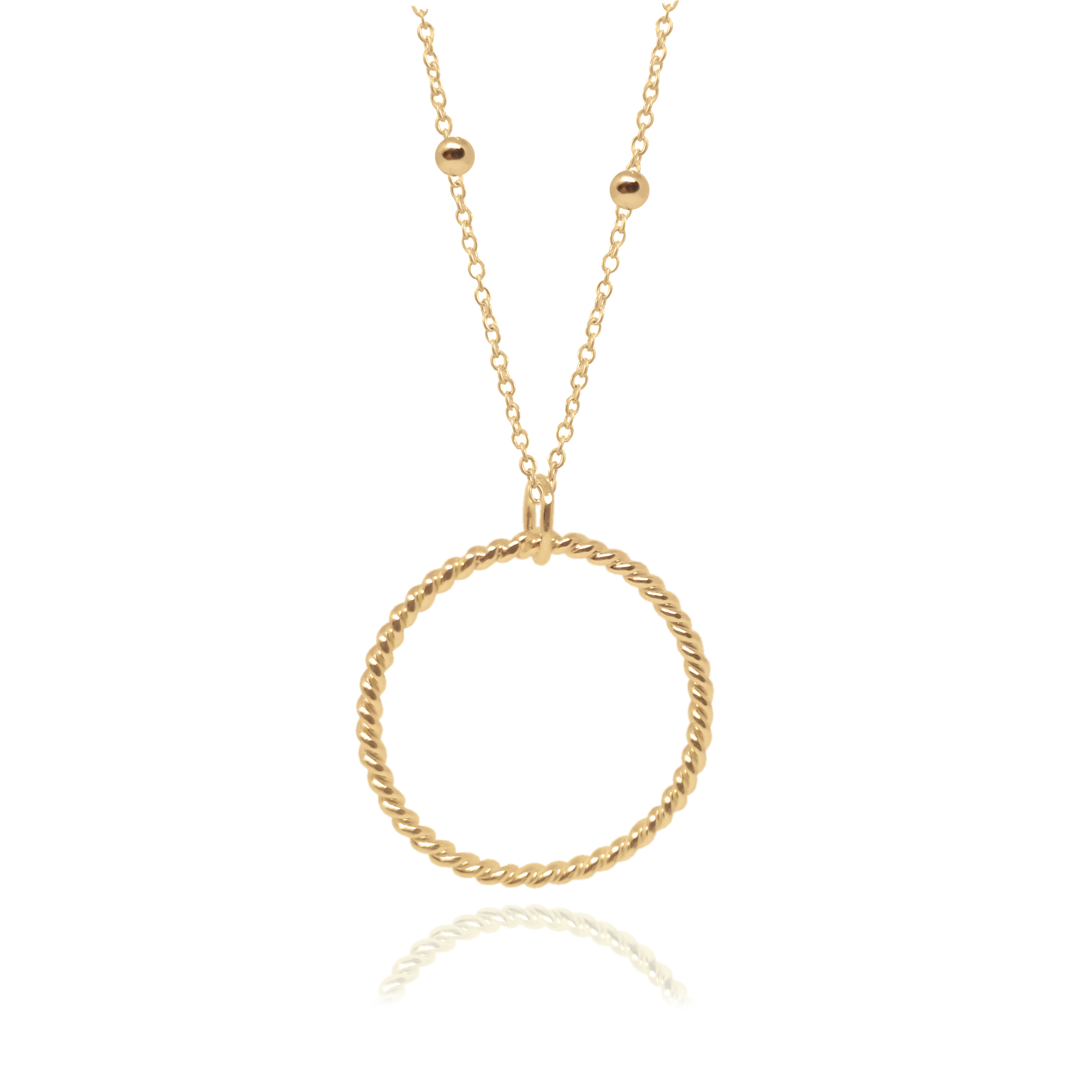 Dije círculo de plata .925 con baño de oro y cadena de bolitas , Colección Bejuco, Joyería para Mujer de Anante Joyería