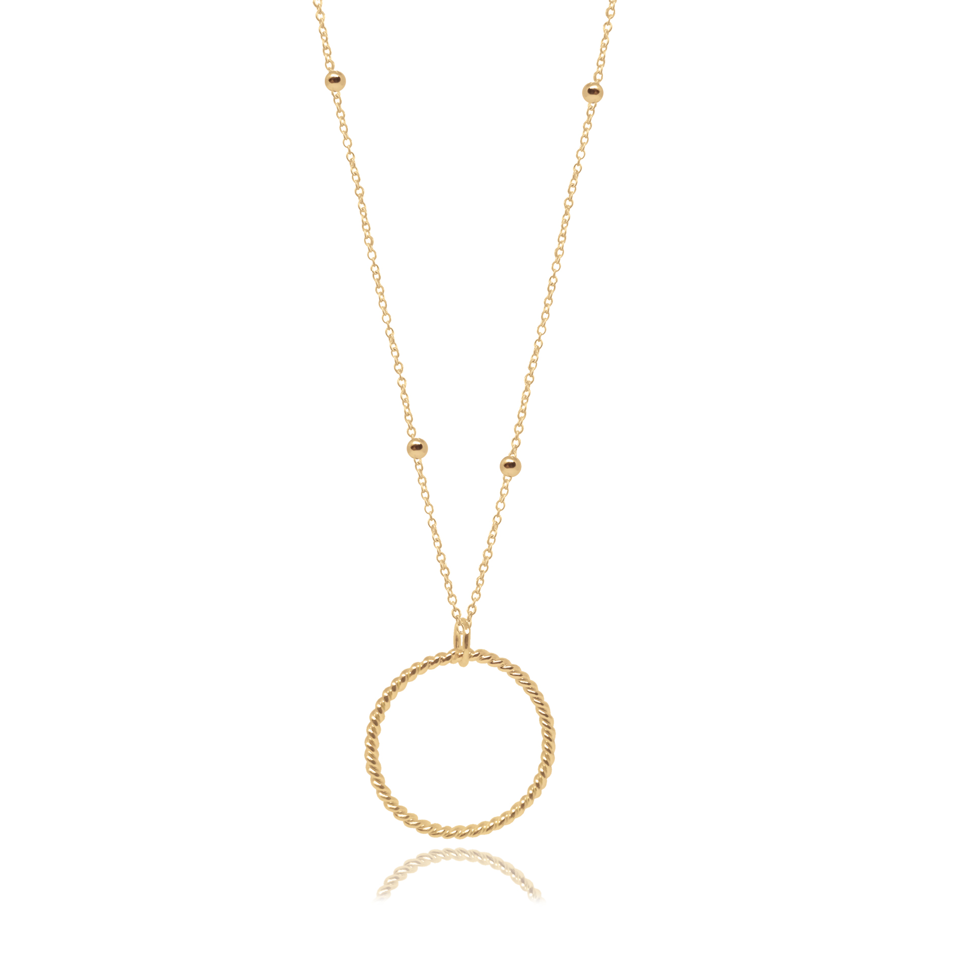 Dije círculo de plata .925 con baño de oro y cadena de bolitas , Colección Bejuco, Joyería para Mujer de Anante Joyería