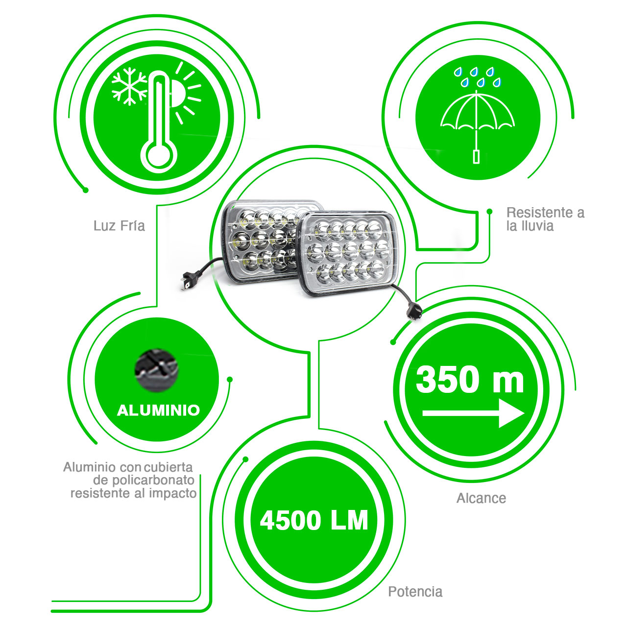 10 Faros Unidad Cuadrada Rectangular 15 Leds 5x7 Alta/Baja