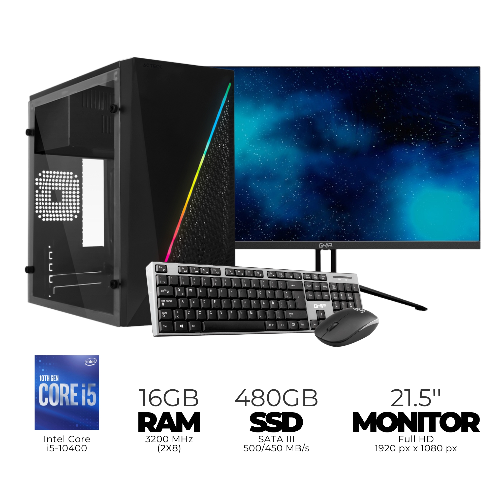 The Boss Gaming Kioto Intel Core i5-10400, 16 GB, 480 GB SSD, Windows 10, incluye Monitor de 21.5''