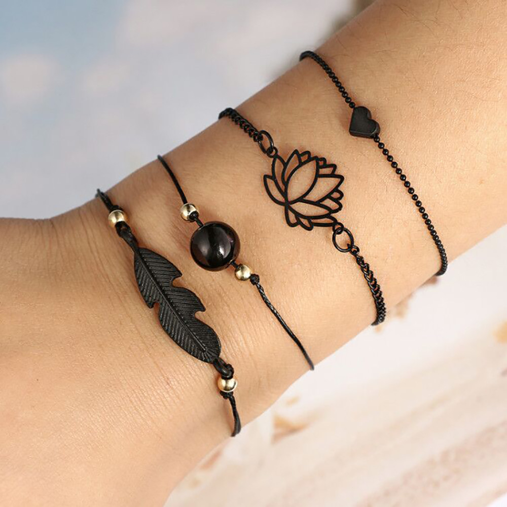 Pulseras O Tobilleras Negras Flor De Loto Y Perla Negra