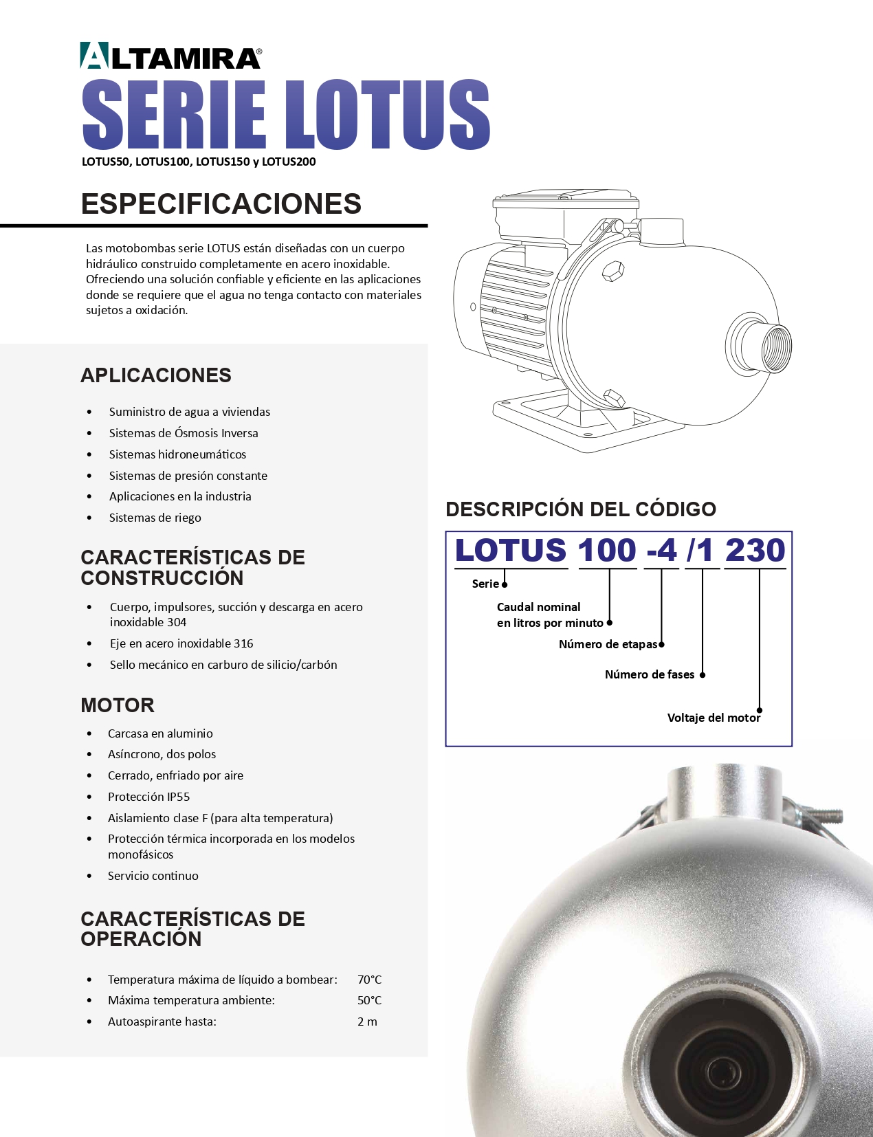 Bomba Multi Etapas Horizontal ALTAMIRA  LOTUS50-4/1127  3/4 HP