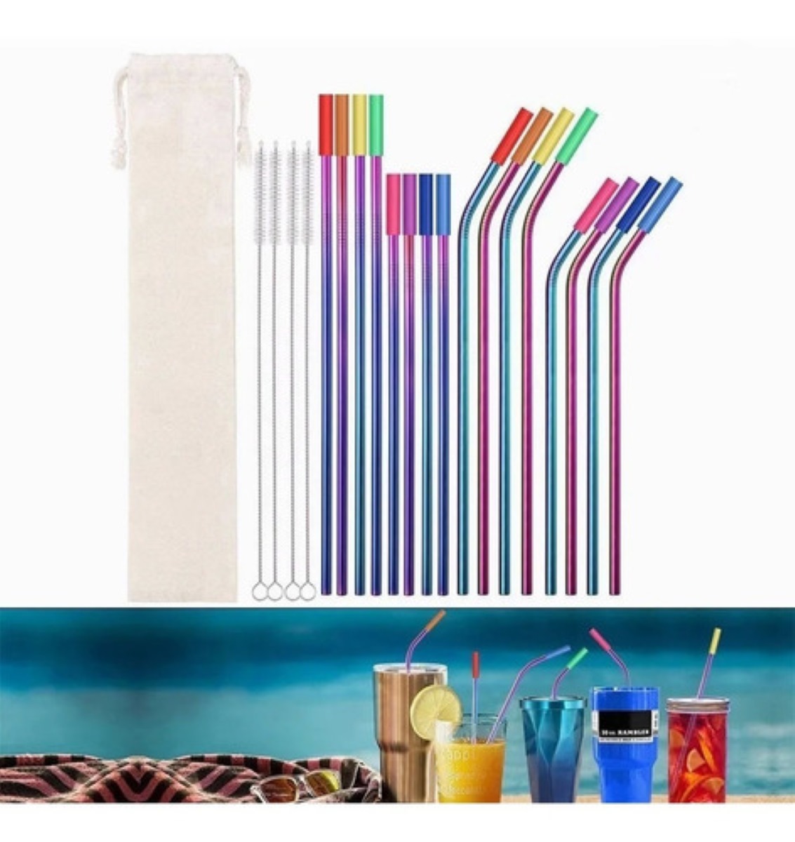 37x Popotes Pajitas De Metal De Acero Inoxidable Y Cepillos MULTICOLOR