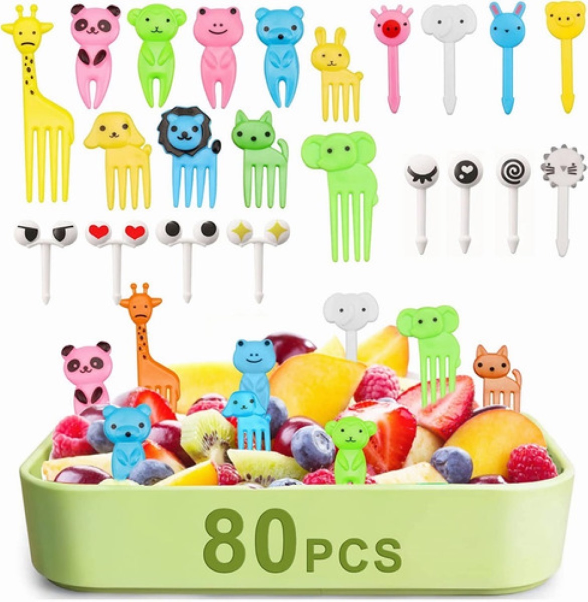 80 Mini Palillos Comida Tenedor De Animales Para Niños multicolor