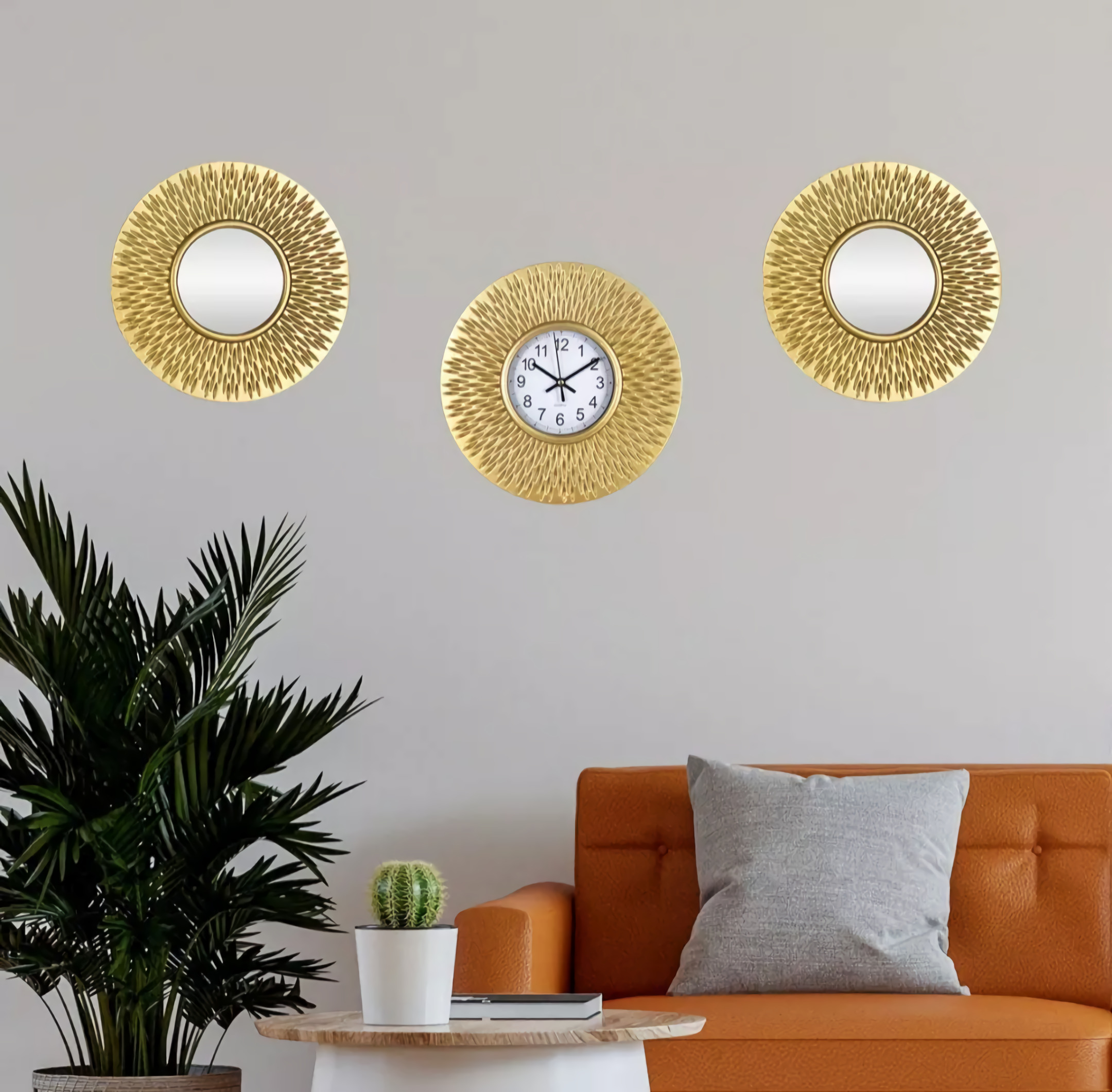 Set De Espejos Decorativos 3 Piezas (2 Espejos Y 1 Reloj) Home