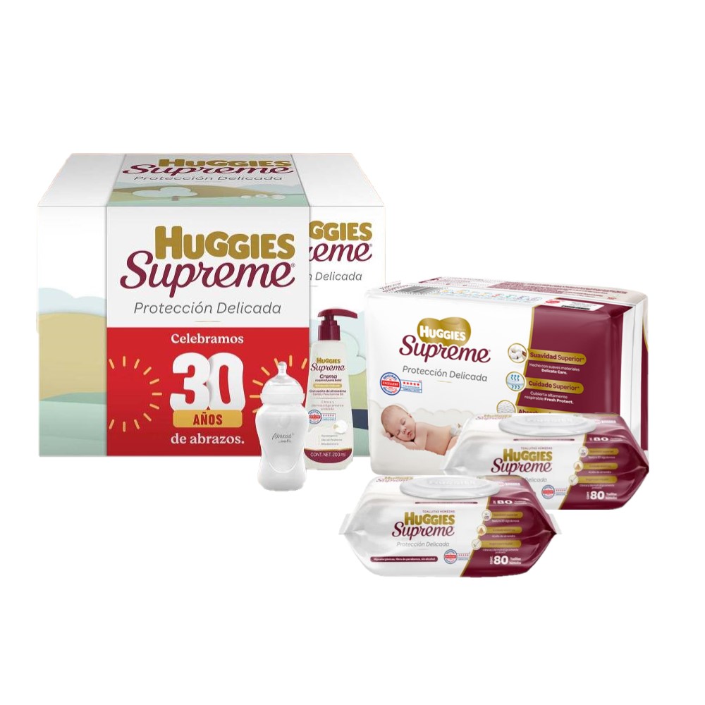 Combo Huggies Supreme 40 Pañales Recien Nacido + Crema + 2 Toallitas + Mamila Evenflo Advanced, 5 piezas