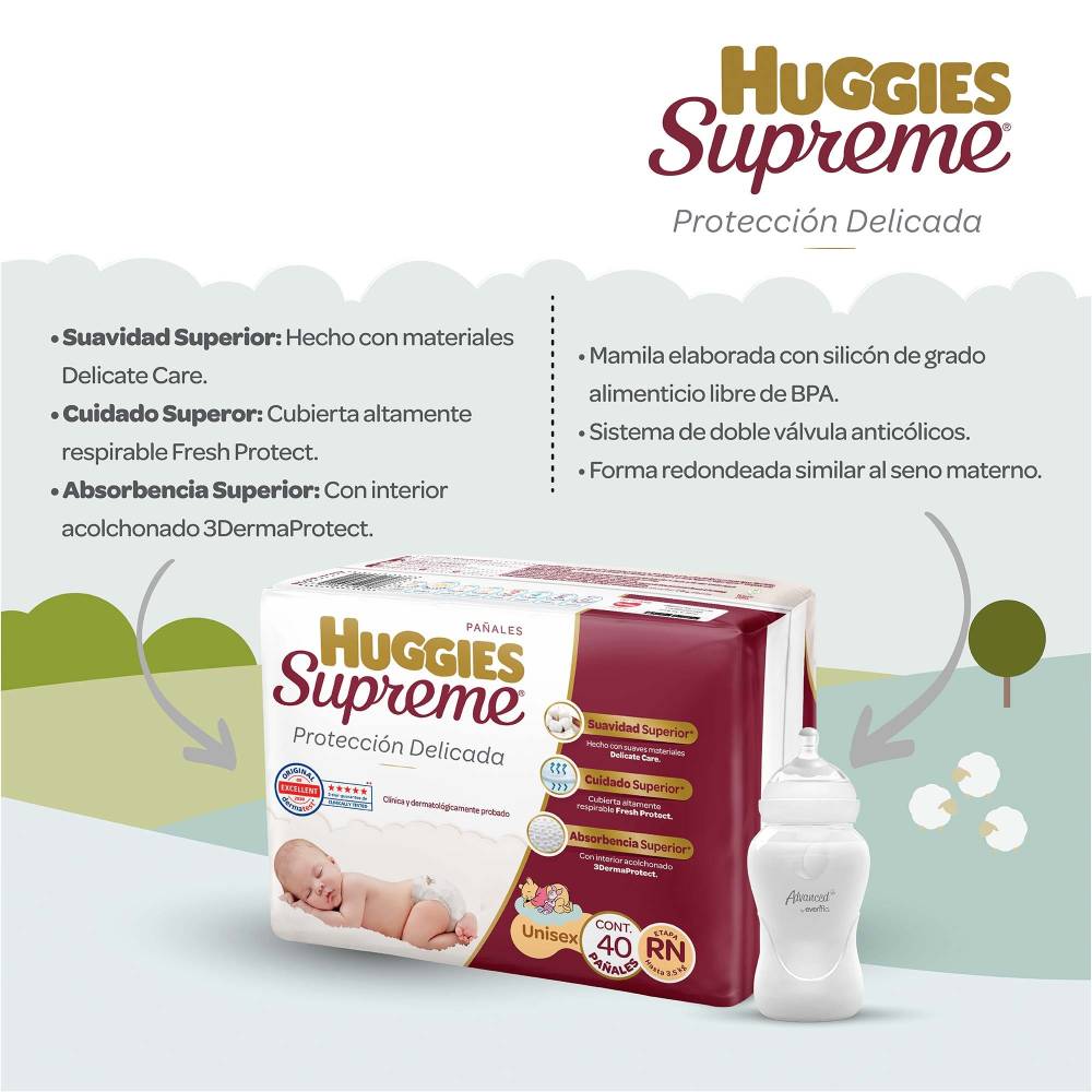 Combo Huggies Supreme 40 Pañales Recien Nacido + Crema + 2 Toallitas + Mamila Evenflo Advanced, 5 piezas