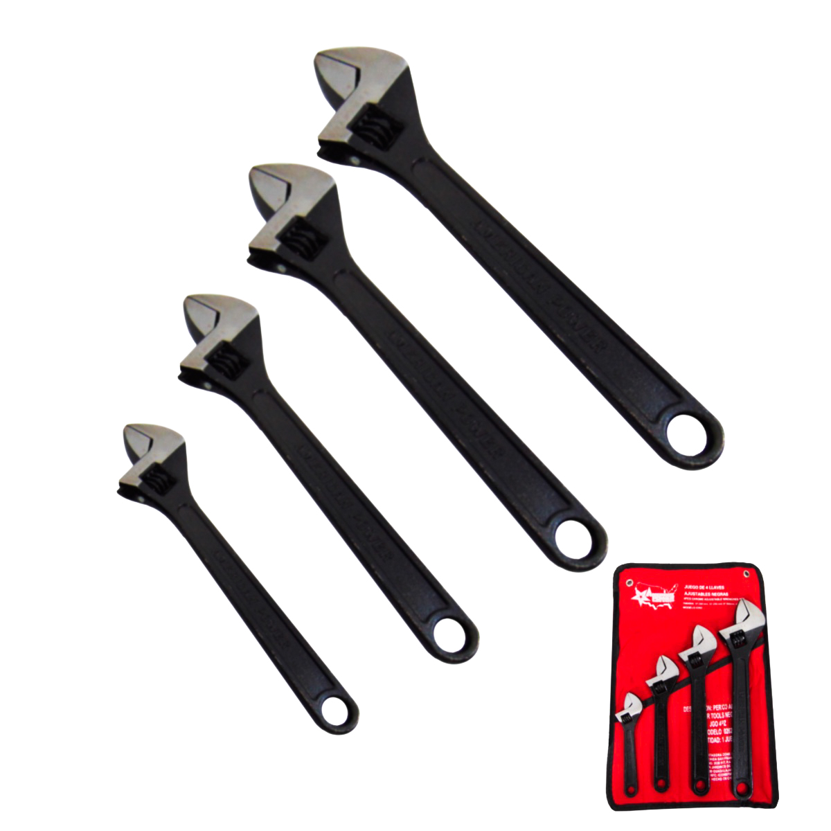 Juego 4 Perico Llave Ajustable Cromada Pavonada Con Estuche Herramienta