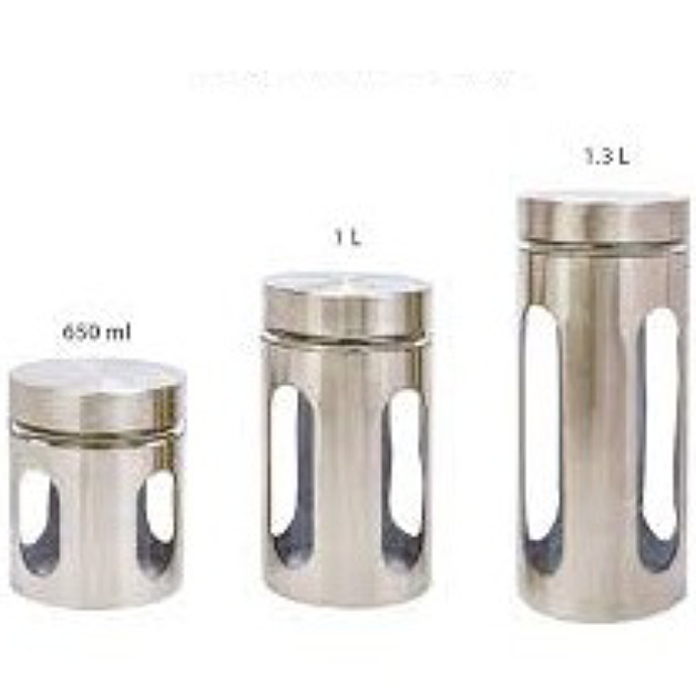 Set De 3 Contenedores De Vidrio Con Tapa Hermética Cromados Simple kitchen