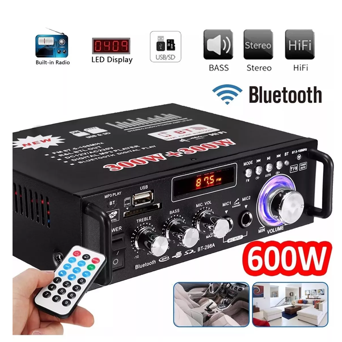 Amplificador De Audio Estéreo Hifi Bluetooth 5.0 600w Lcd