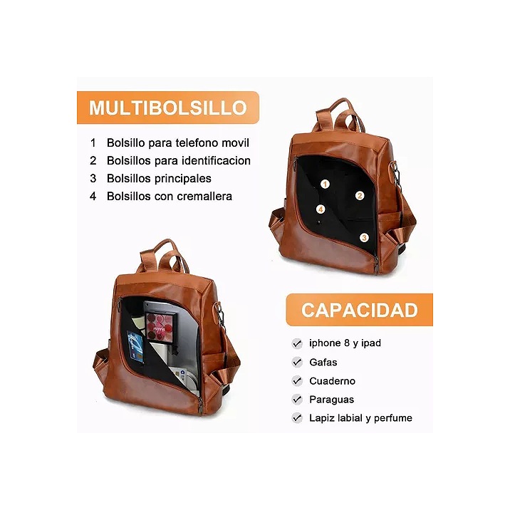Mochila Impermeable Bolsos De Cuero Moda Casual Dama Marrón
