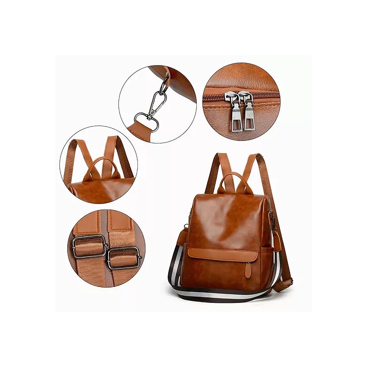 Mochila Impermeable Bolsos De Cuero Moda Casual Dama Marrón