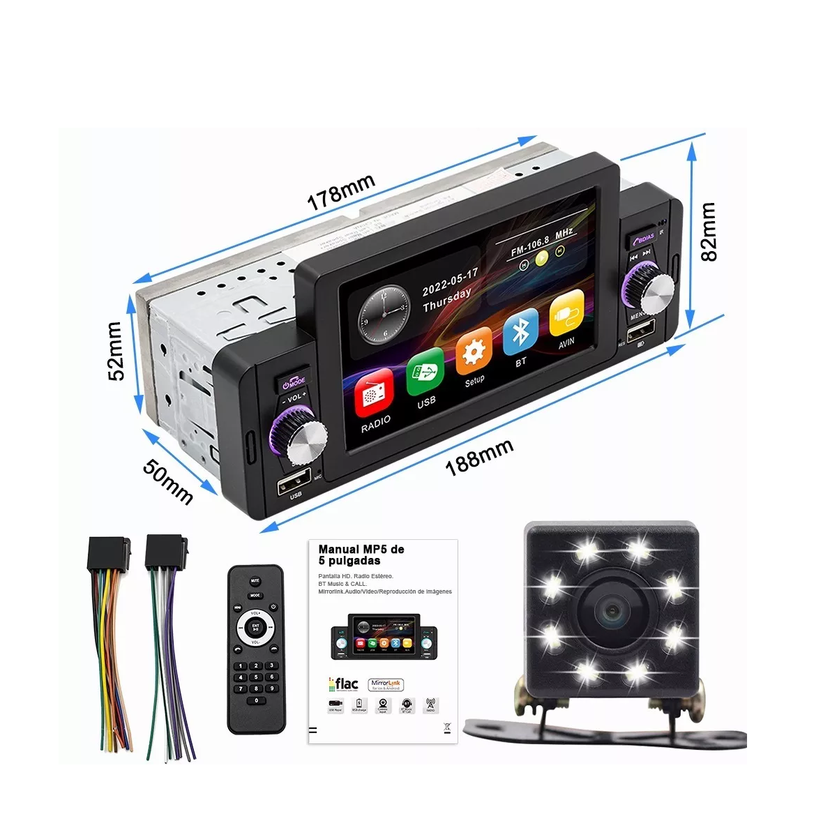 Autoestereo Con Pantalla Táctil De 5 Pulgadas Y 8 Led Camara