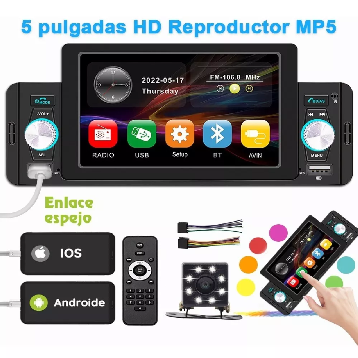 Autoestereo Con Pantalla Táctil De 5 Pulgadas Y 8 Led Camara