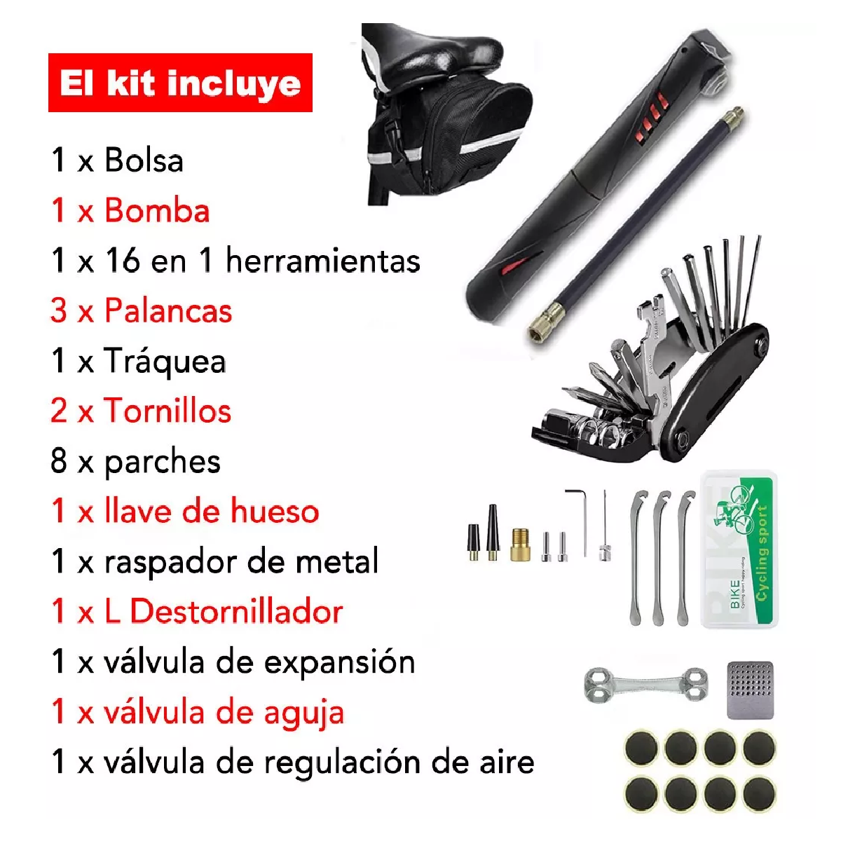 Kit De Herramientas Para Reparar Bicicleta Con Bolsa 16 En 1