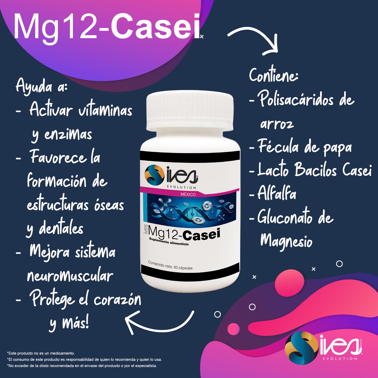 Magnesio Ives Evolution México Lacto bacilos Casei Alfalfa 60 Cáps.