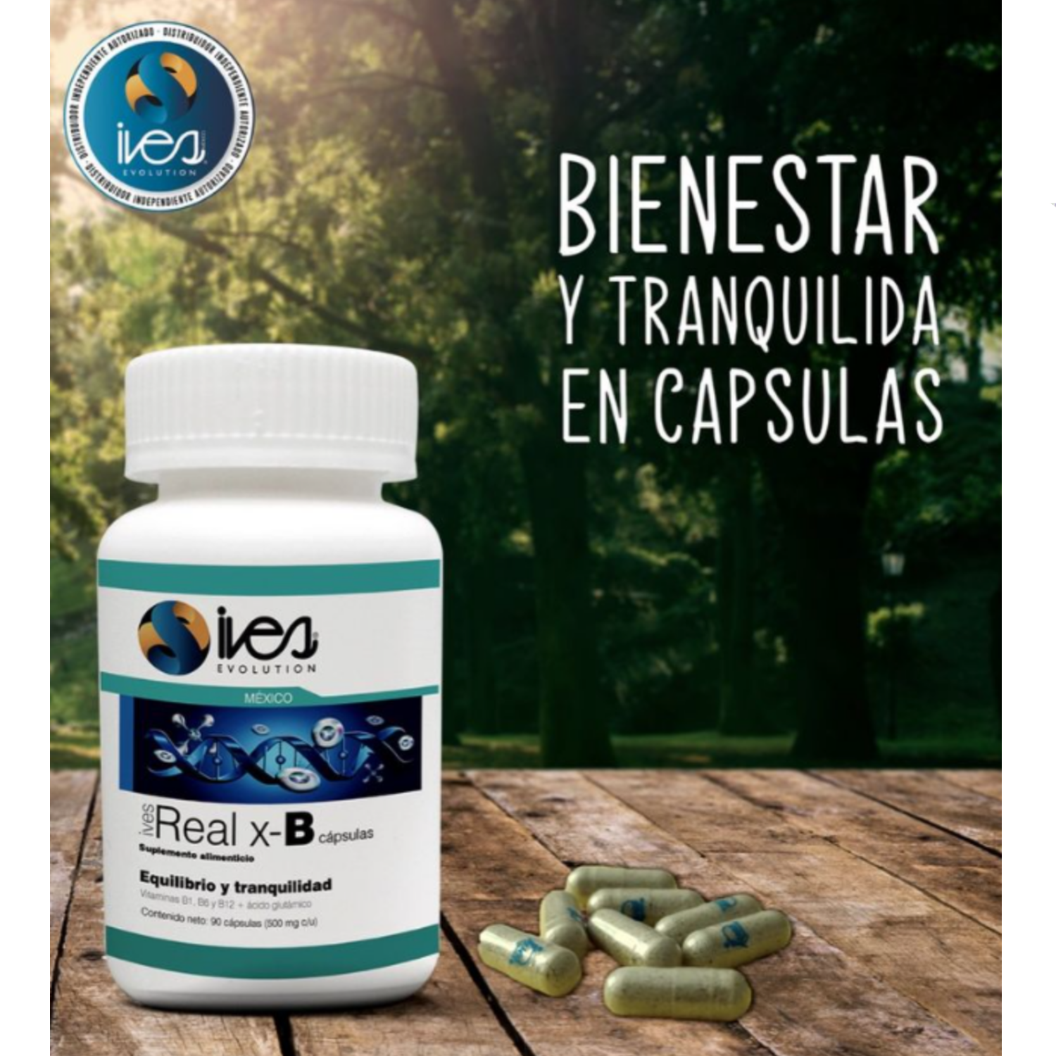 Pasiflora Valeriana 7 azahares Toronjil Tila Vitaminas B1 B6 B12 Ácido Glutámico Real XB Ives Evolution México 90 uds.