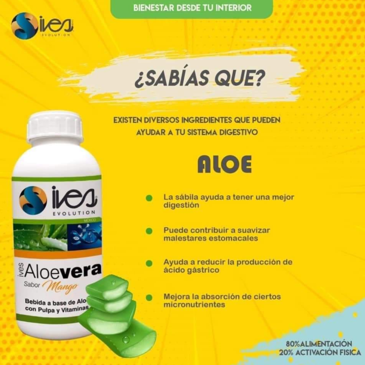 Aloe Vera Pulpa Betacaroteno Semilla de Toronja Vitaminas A C E D Ives Evolution México Sabor Mango 960 ml.