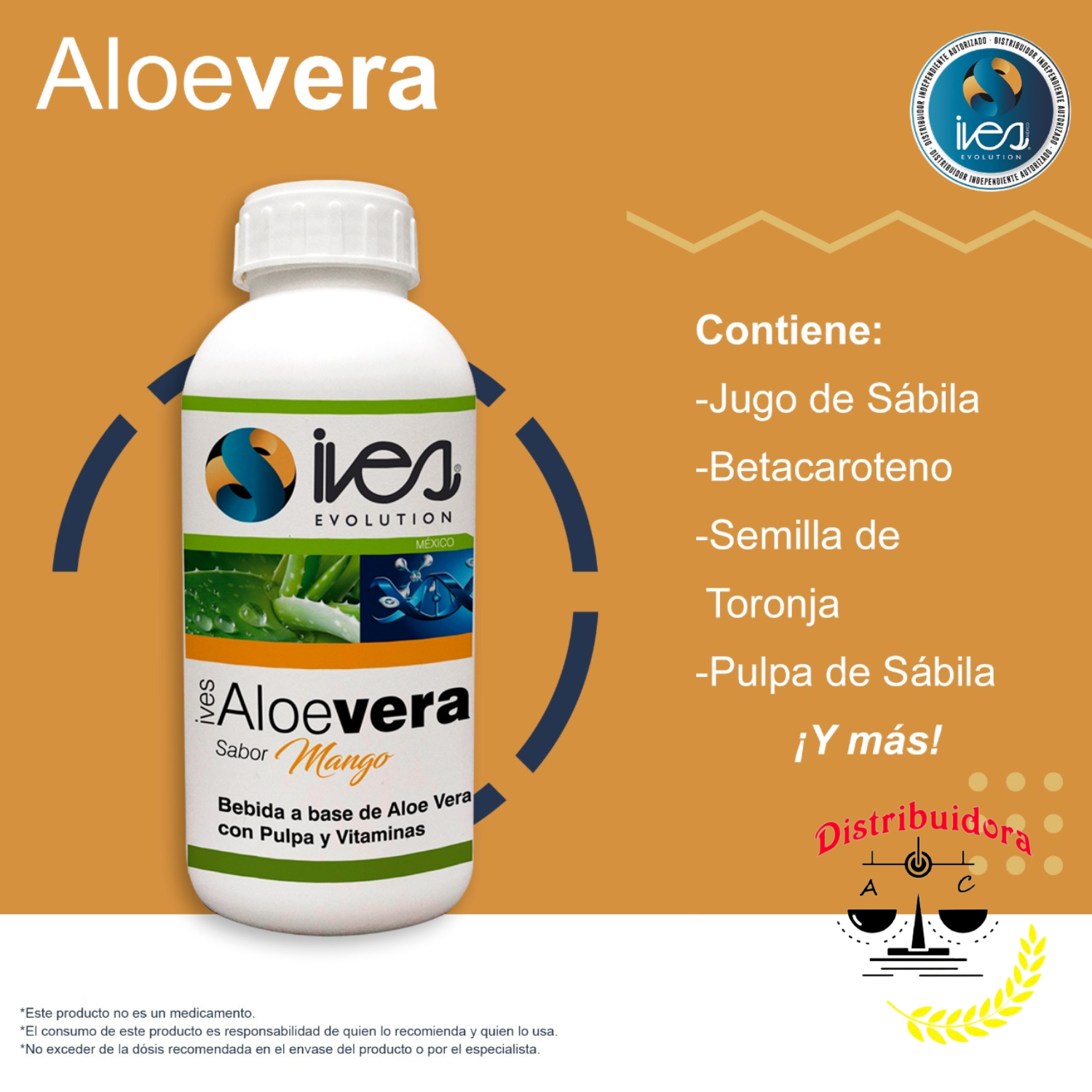 Aloe Vera Pulpa Betacaroteno Semilla de Toronja Vitaminas A C E D Ives Evolution México Sabor Mango 960 ml.