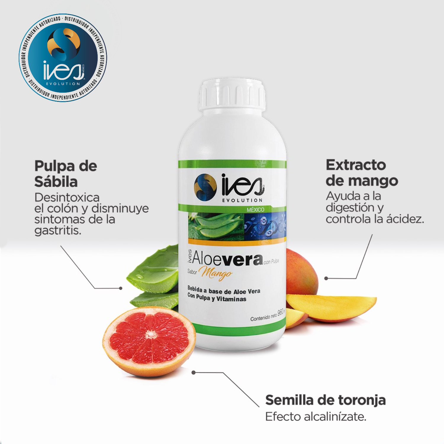 Aloe Vera Pulpa Betacaroteno Semilla de Toronja Vitaminas A C E D Ives Evolution México Sabor Mango 960 ml.