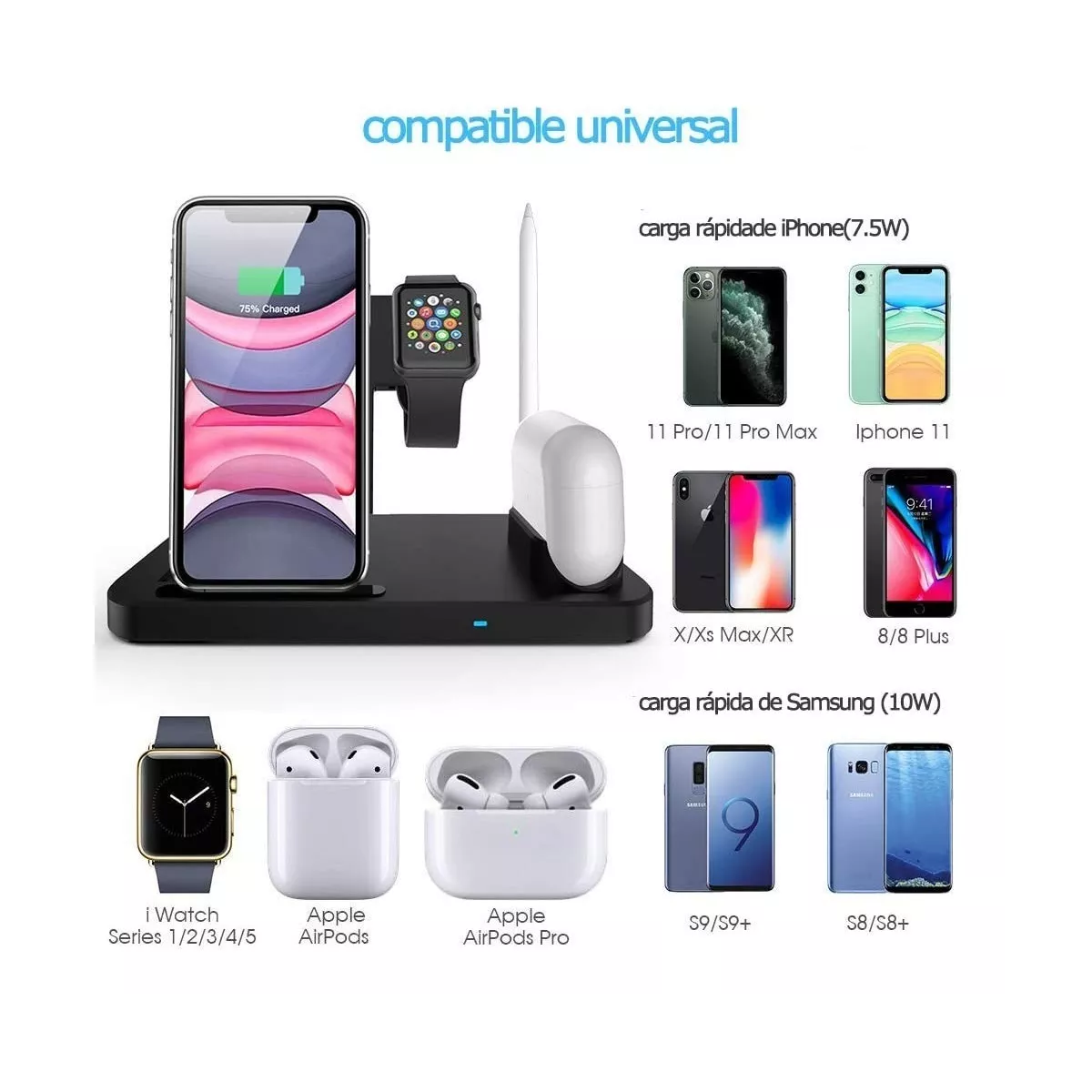 Cargador Inalámbrico 4 En 1 Para Reloj/iPhone/android