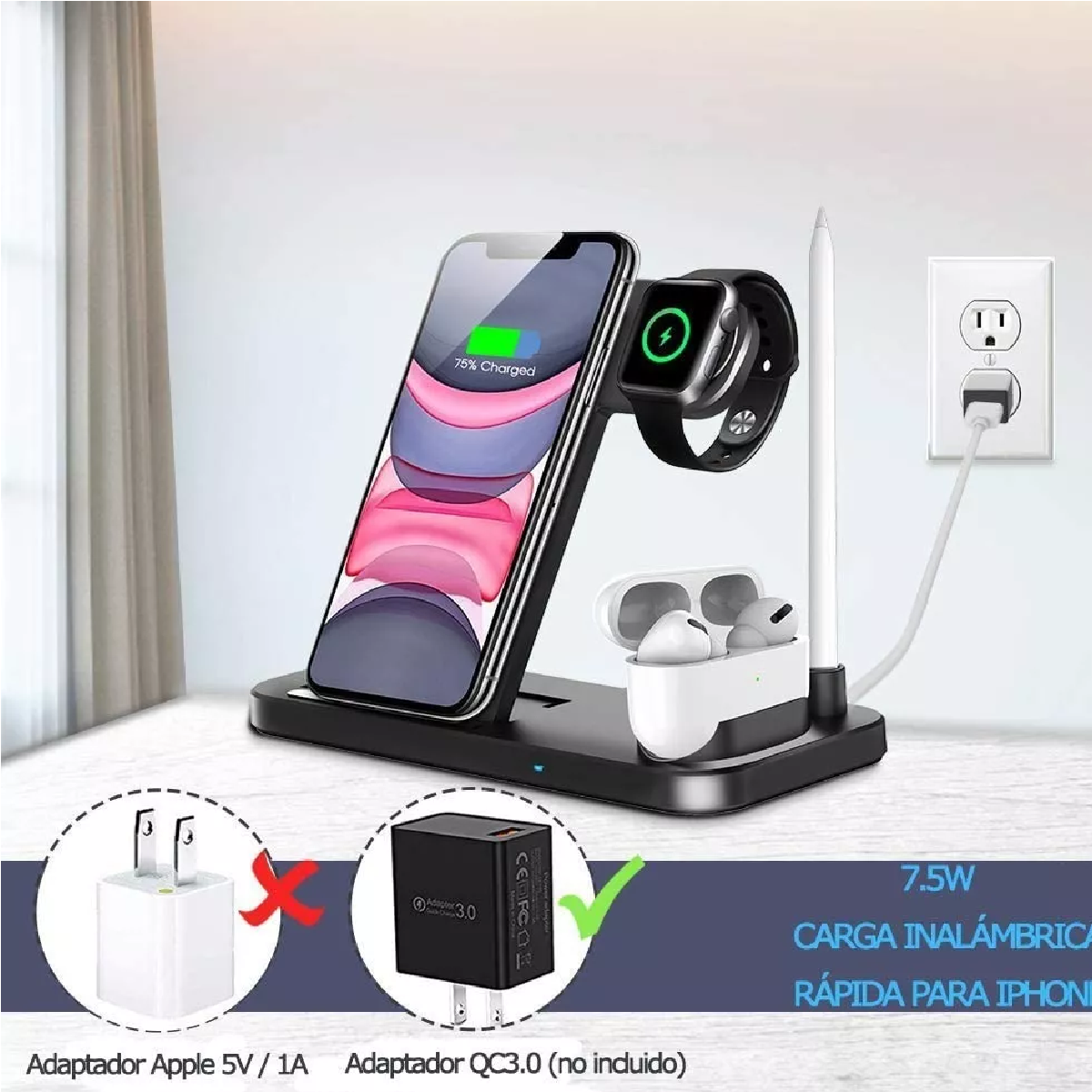 Cargador Inalámbrico 4 En 1 Para Reloj/iPhone/android