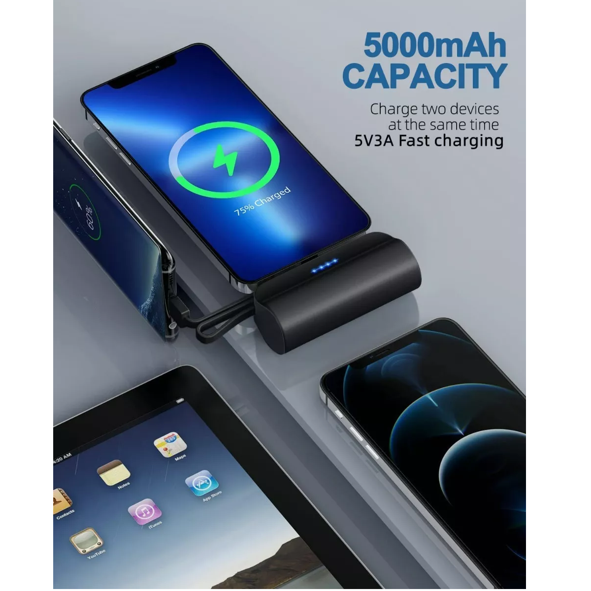 Power Bank Inalambrica 5000mah Ultra Mini Tipo C/ Lightning Negra