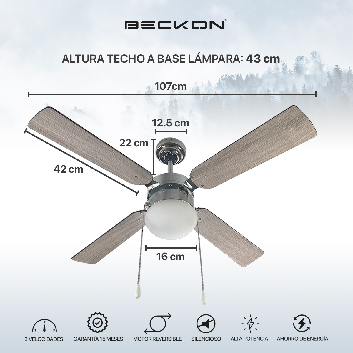 Ventilador de techo 42 pulgadas madera Álamo Gris Beckon