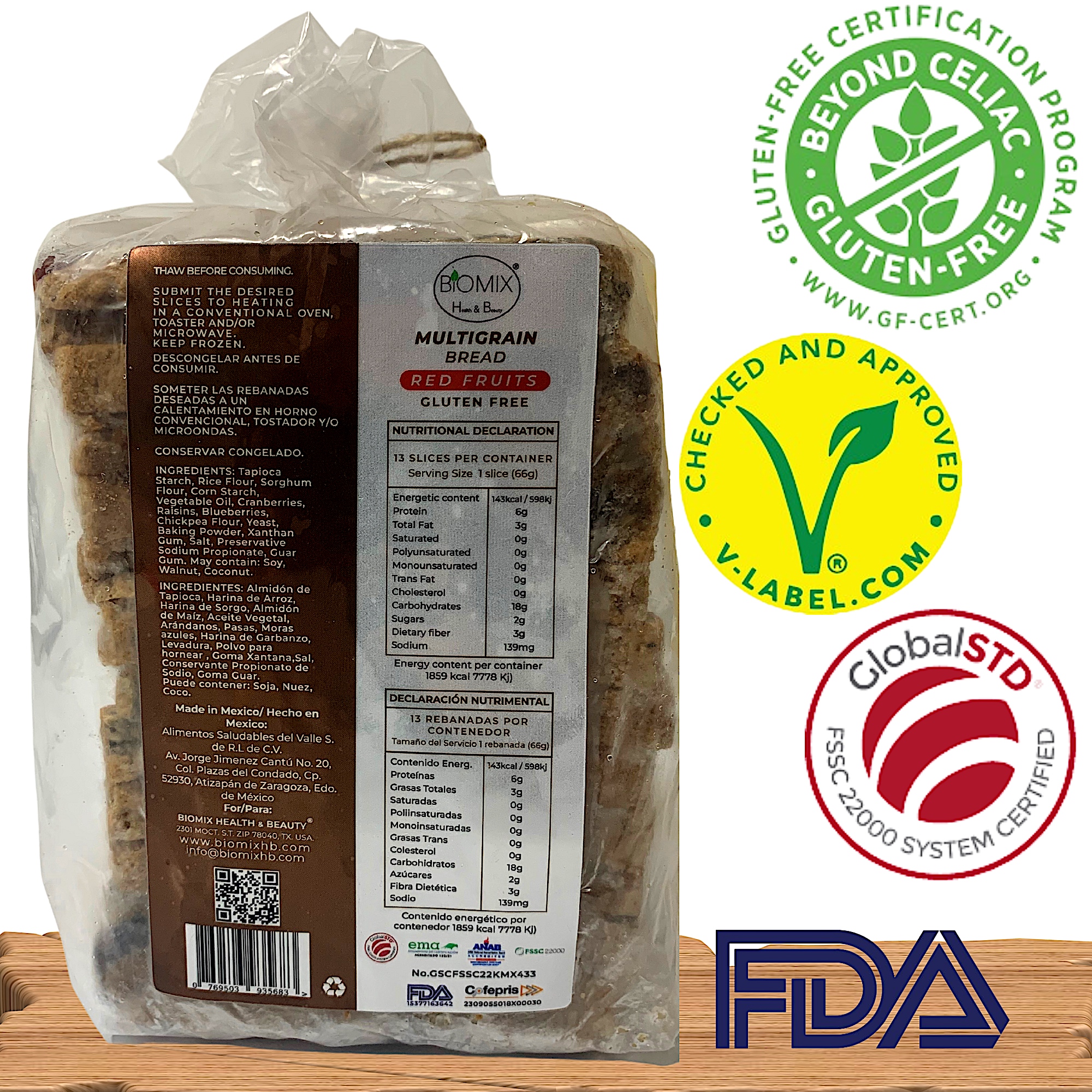 Pan Multigranos Certificado Sin Gluten, Lácteos Ni Huevo con Frutos Rojos 860 Gr Vegano, F.D.A Keto Friendly