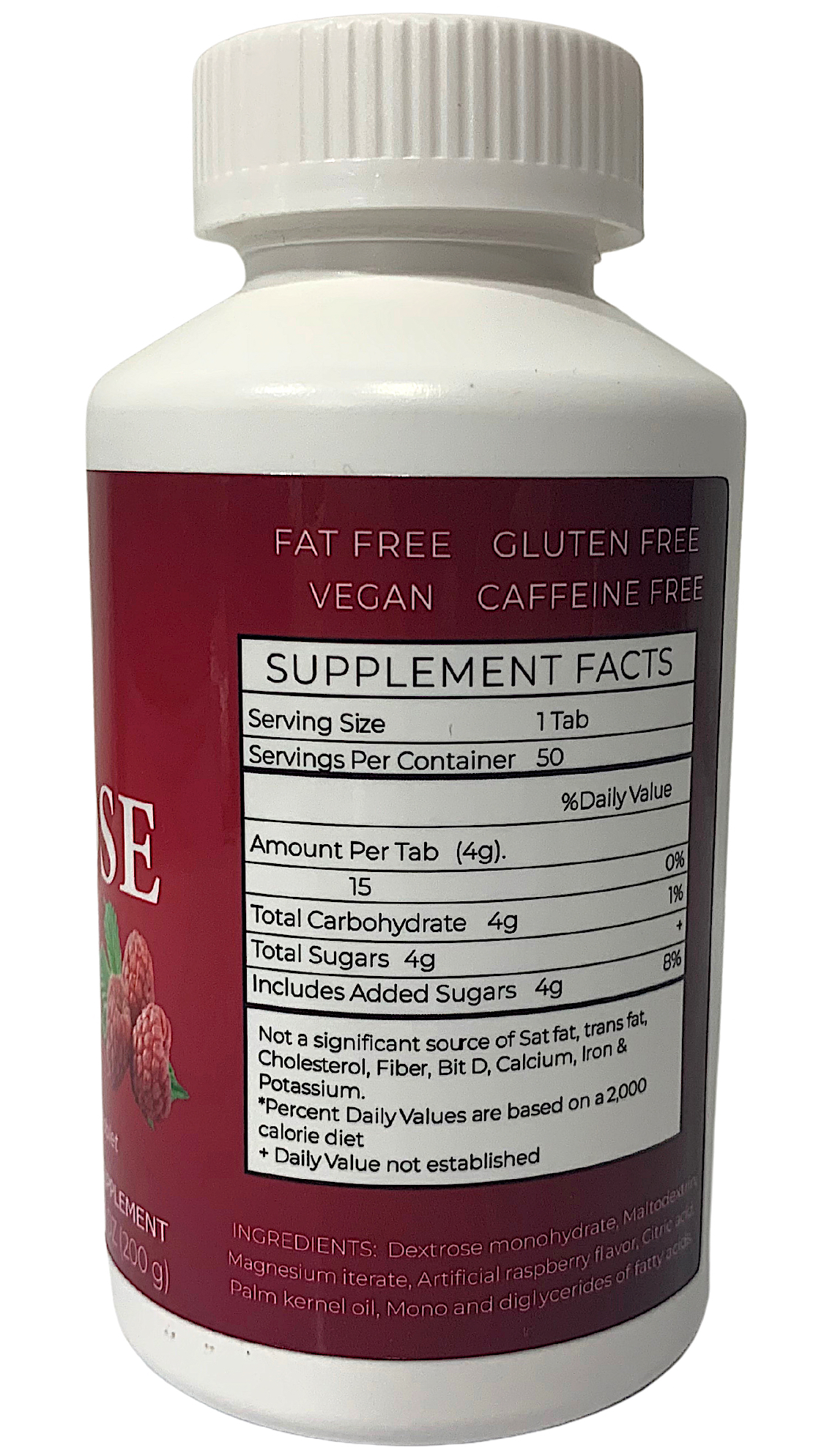 Glucosa De Acción Rápida Masticables Frasco Con 50 Tabletas Sin Gluten, Veganas, Sin Cafeína, Sin Grasa (Frambuesa)