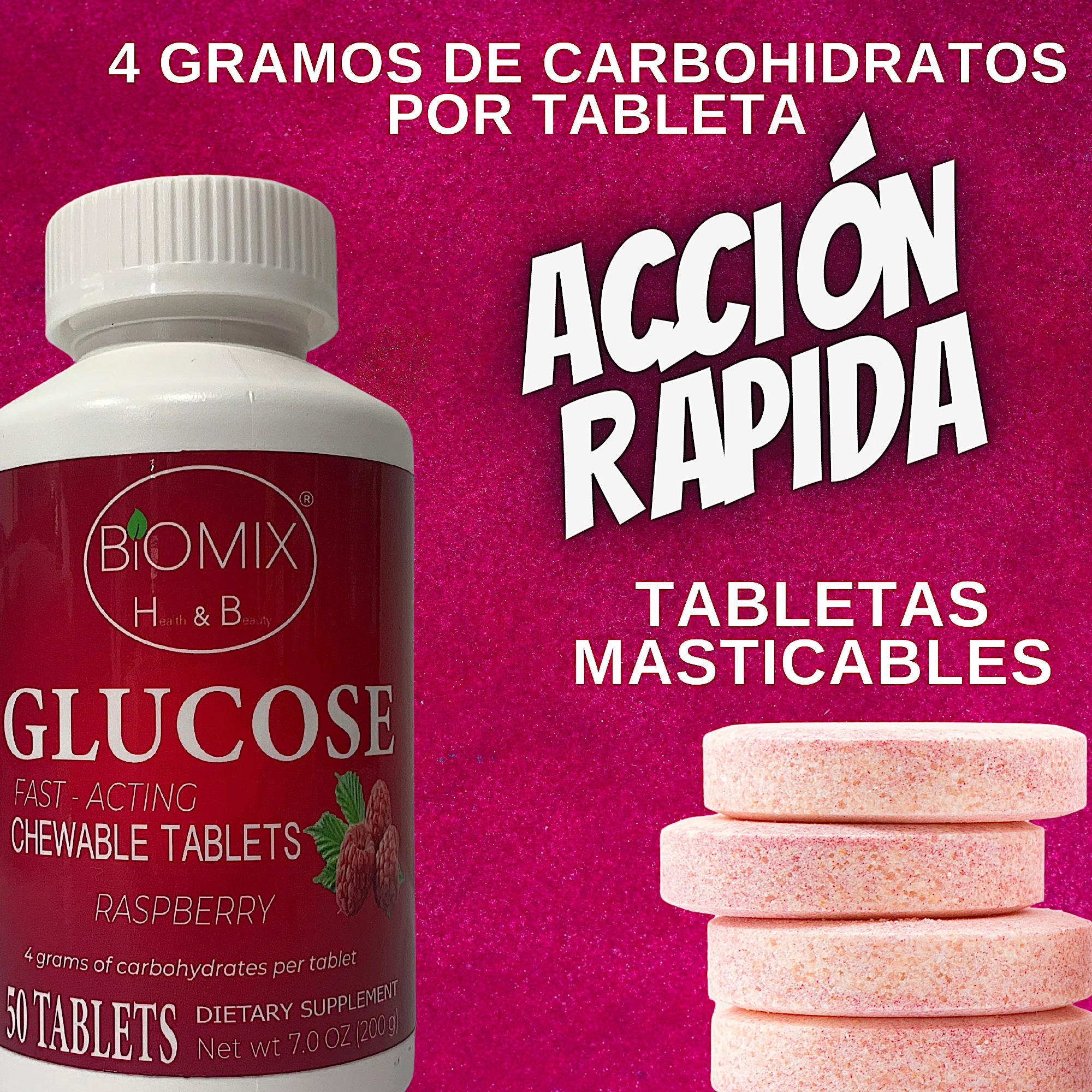 Glucosa De Acción Rápida Masticables Frasco Con 50 Tabletas Sin Gluten, Veganas, Sin Cafeína, Sin Grasa (Frambuesa)