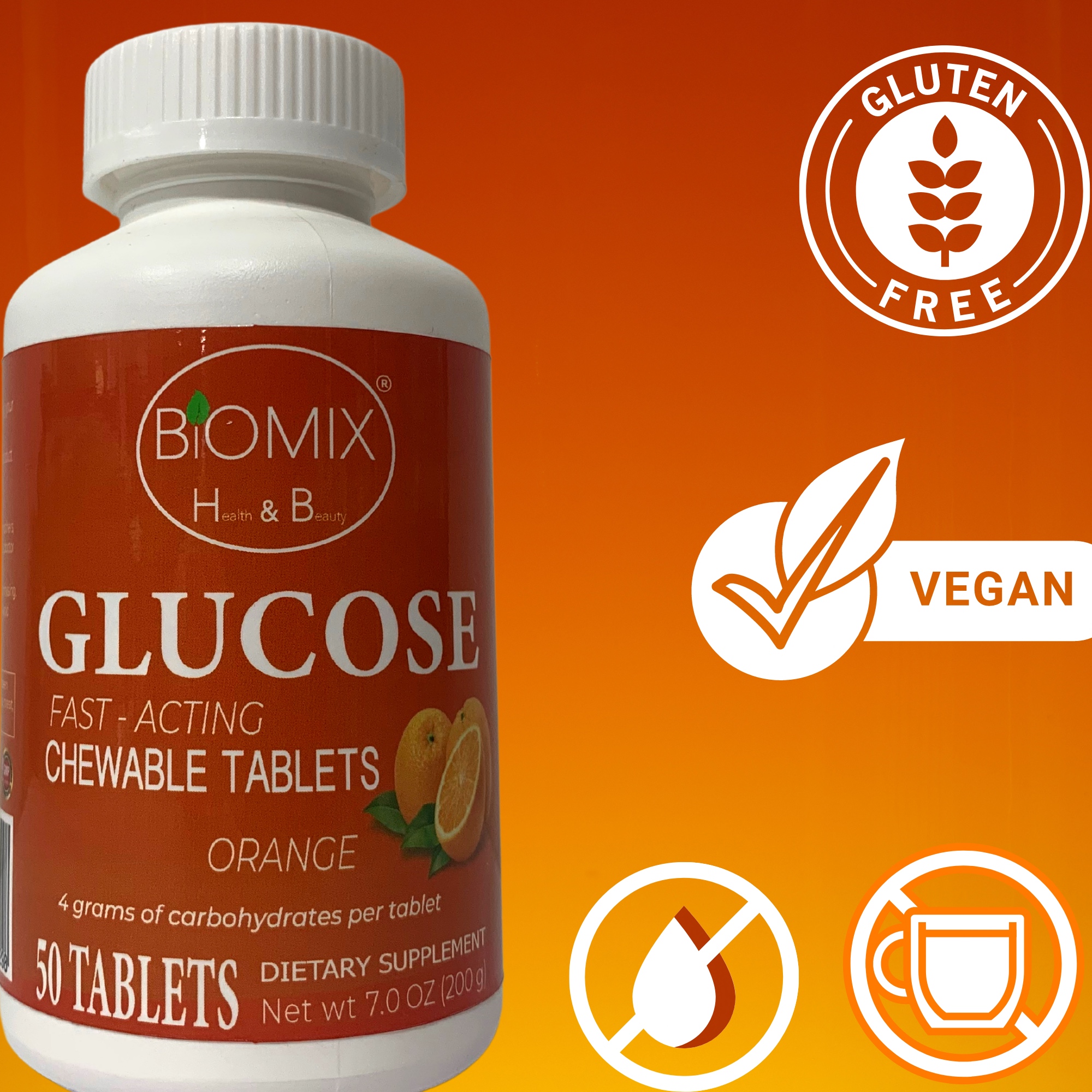 Glucosa De Acción Rápida Masticables Frasco Con 50 Tabletas Sin Gluten, Veganas, Sin Cafeína, Sin Grasa (Naranja)