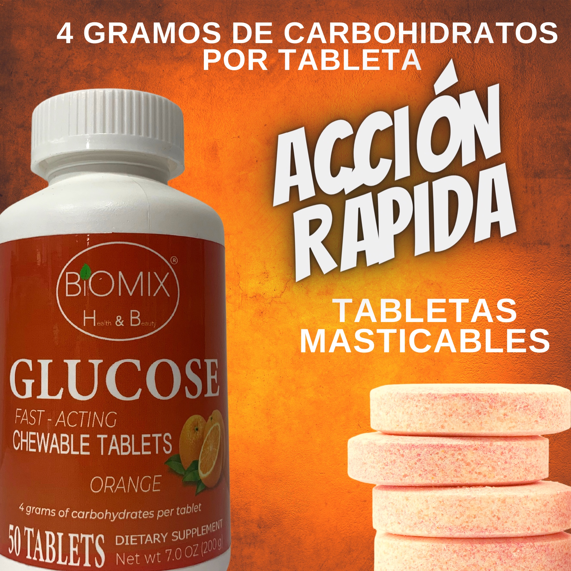 Glucosa De Acción Rápida Masticables Frasco Con 50 Tabletas Sin Gluten, Veganas, Sin Cafeína, Sin Grasa (Naranja)