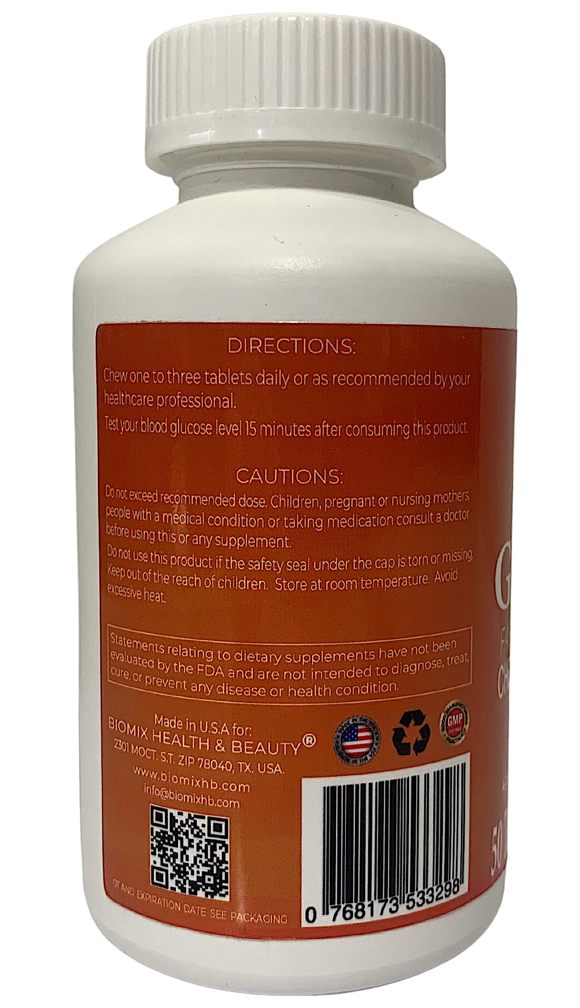 Glucosa De Acción Rápida Masticables Frasco Con 50 Tabletas Sin Gluten, Veganas, Sin Cafeína, Sin Grasa (Naranja)