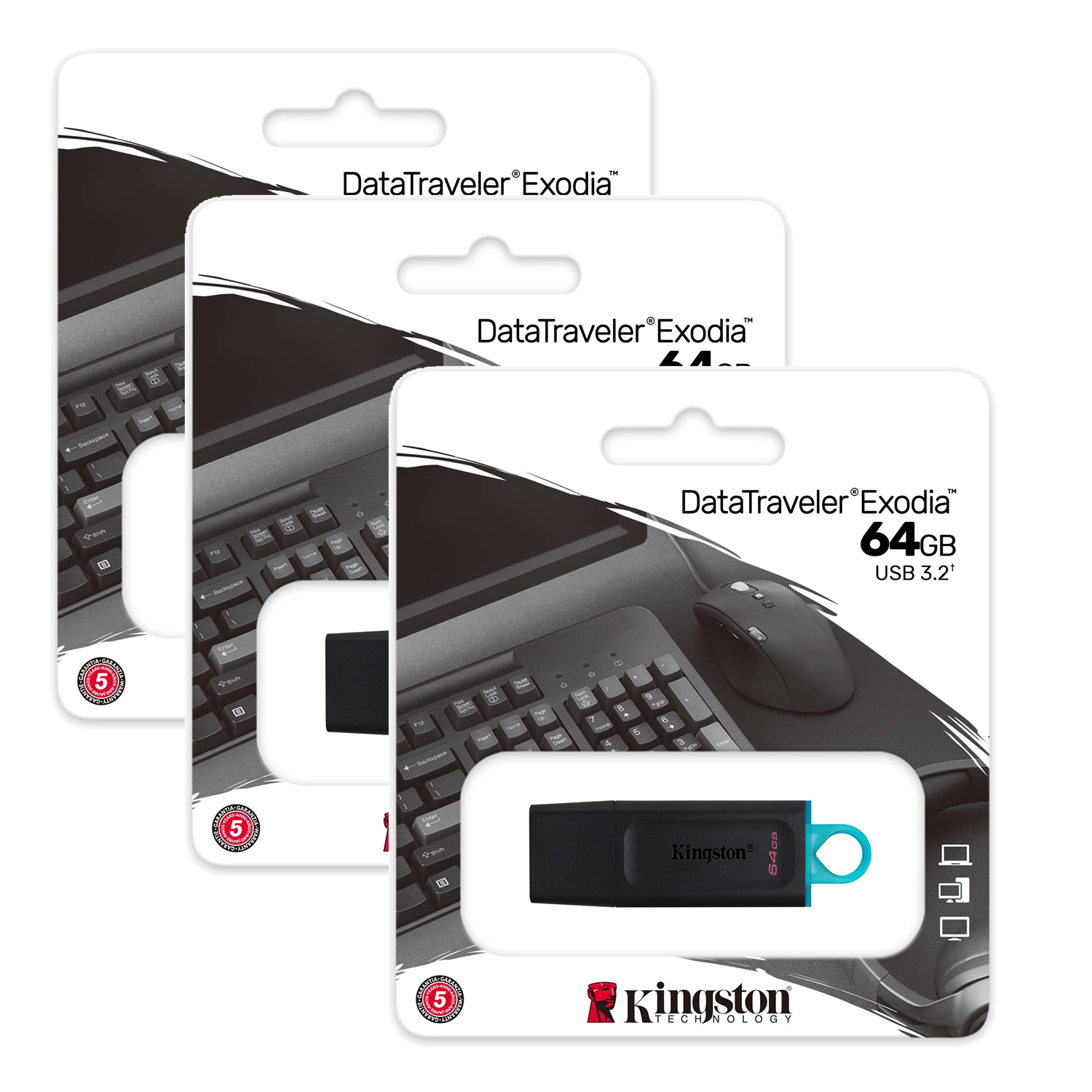 PAQUETE DE 3 MEMORIAS MARCA KINGSTON DE 64 GB, USB 3.2