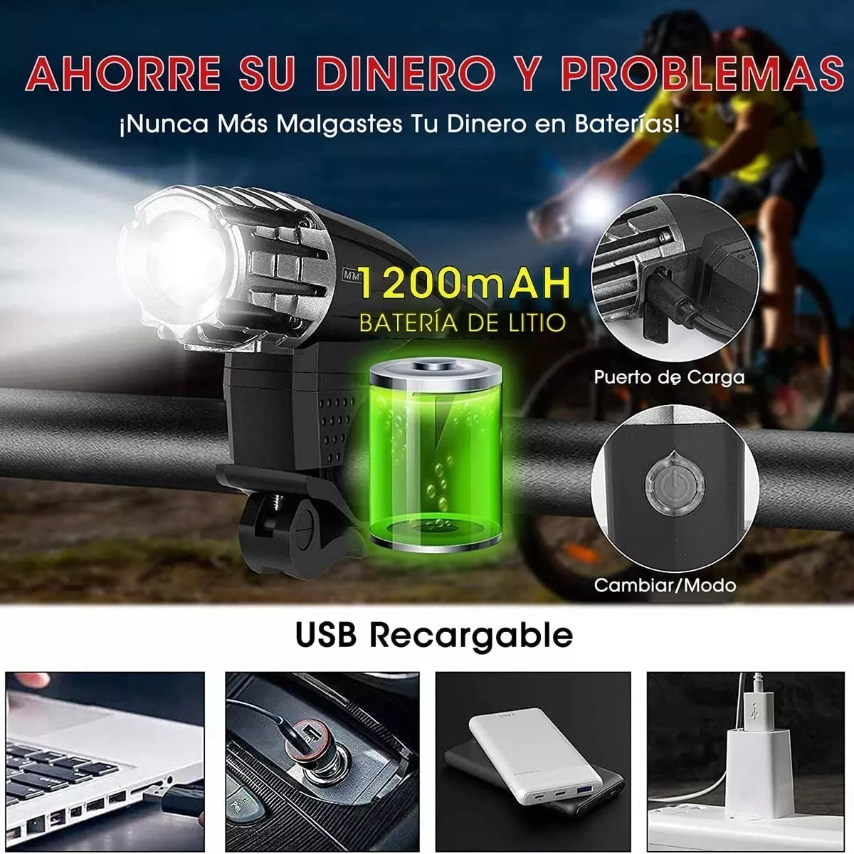 Lámpara Luces Para Bicicleta Usb Recargable Luz Trasera
