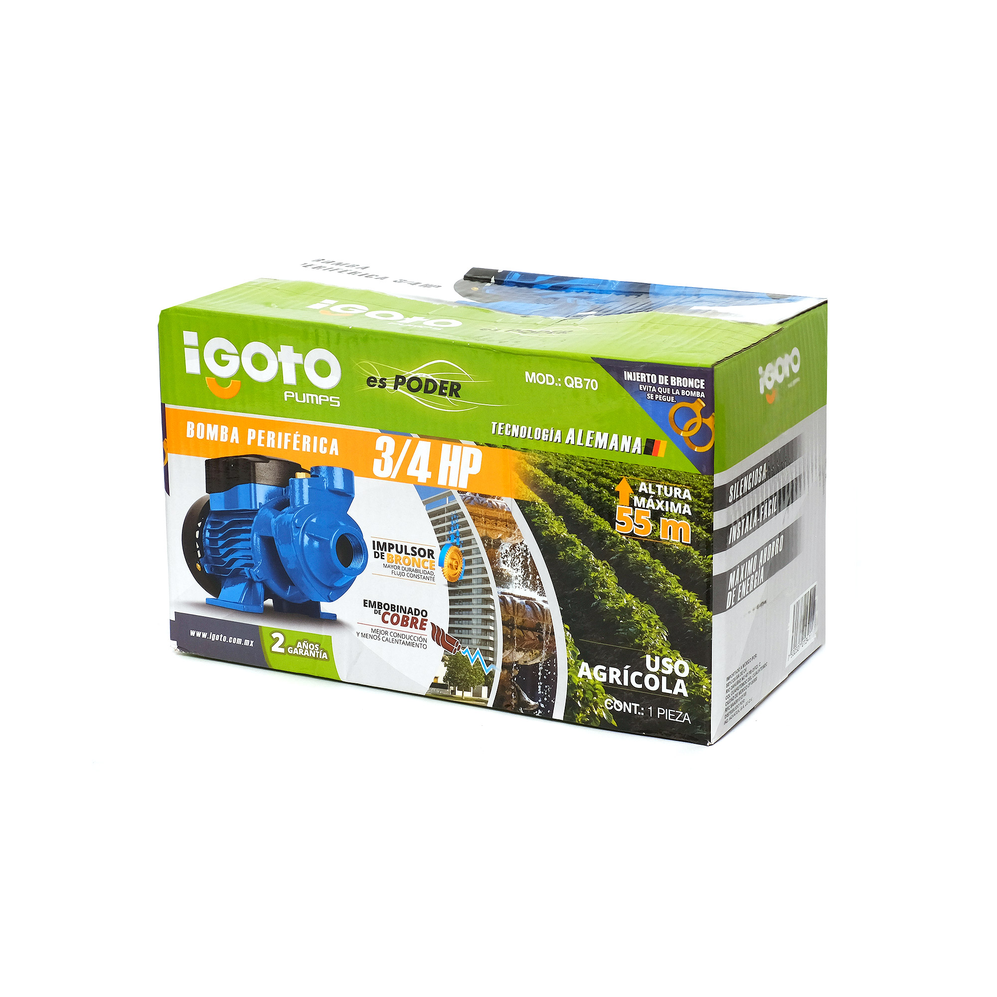 Bomba Periférica 3/4 Hp Alta Presión 55m Igoto Qb70