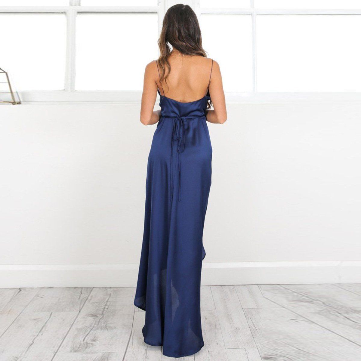 Vestido Largo Azul Con Abertura En Pierna