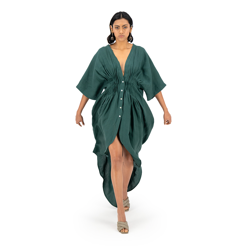 Vestido largo con corsette Merkabá x Dafne Canales verde botella lino