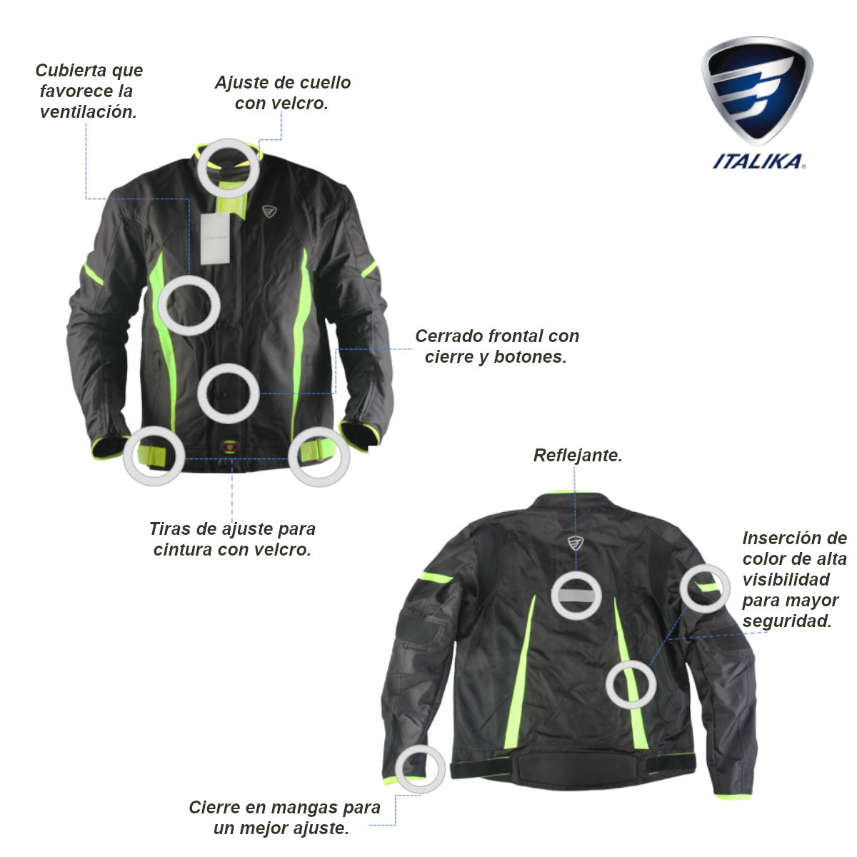 Chamarra Motocicleta Italika reflejante protección hombros codo y espalda T-XL