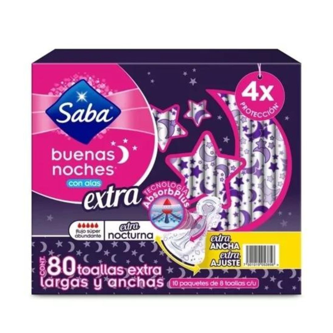 Toallas Femeninas Saba Buenas Noches Con Alas Extra 80 Pz