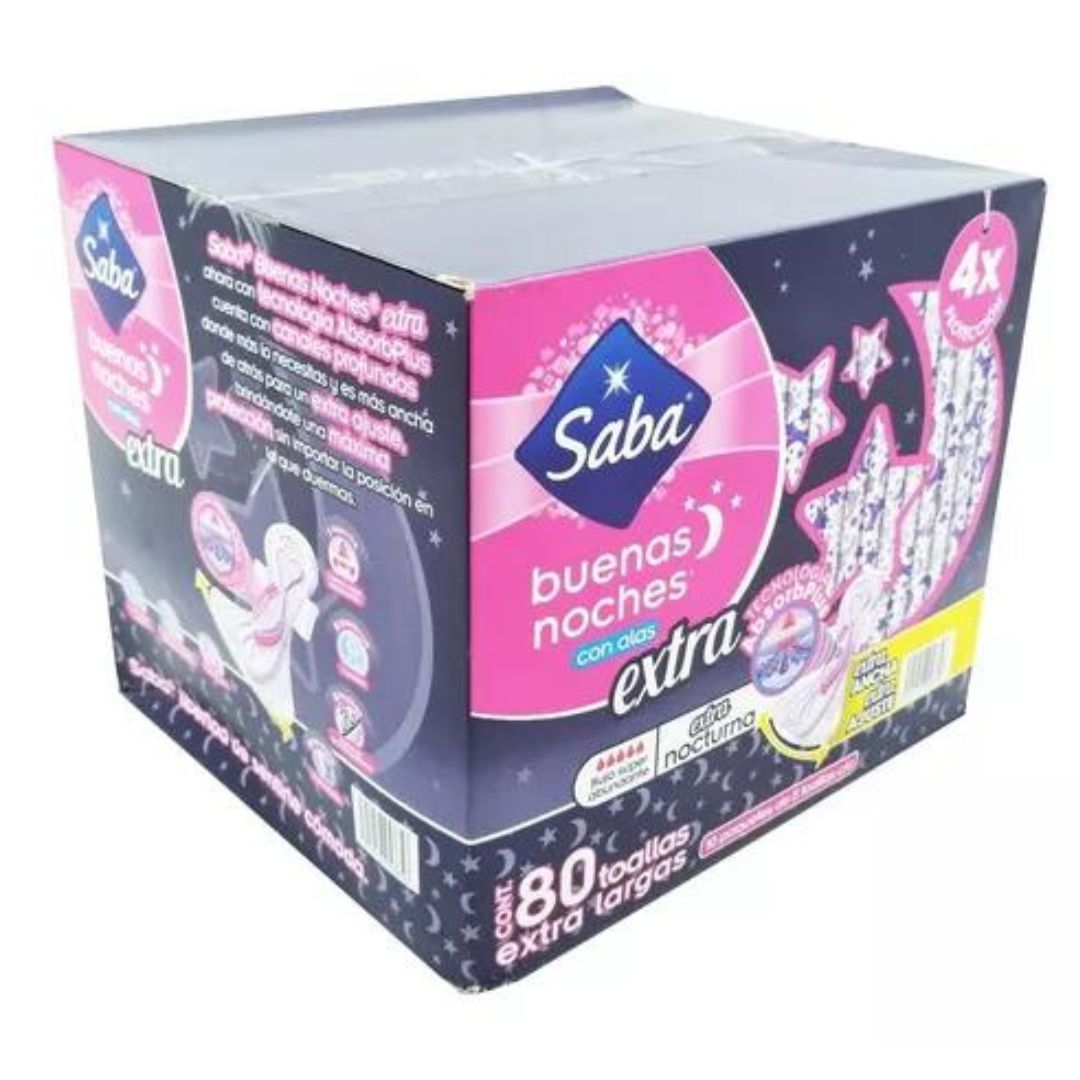 Toallas Femeninas Saba Buenas Noches Con Alas Extra 80 Pz