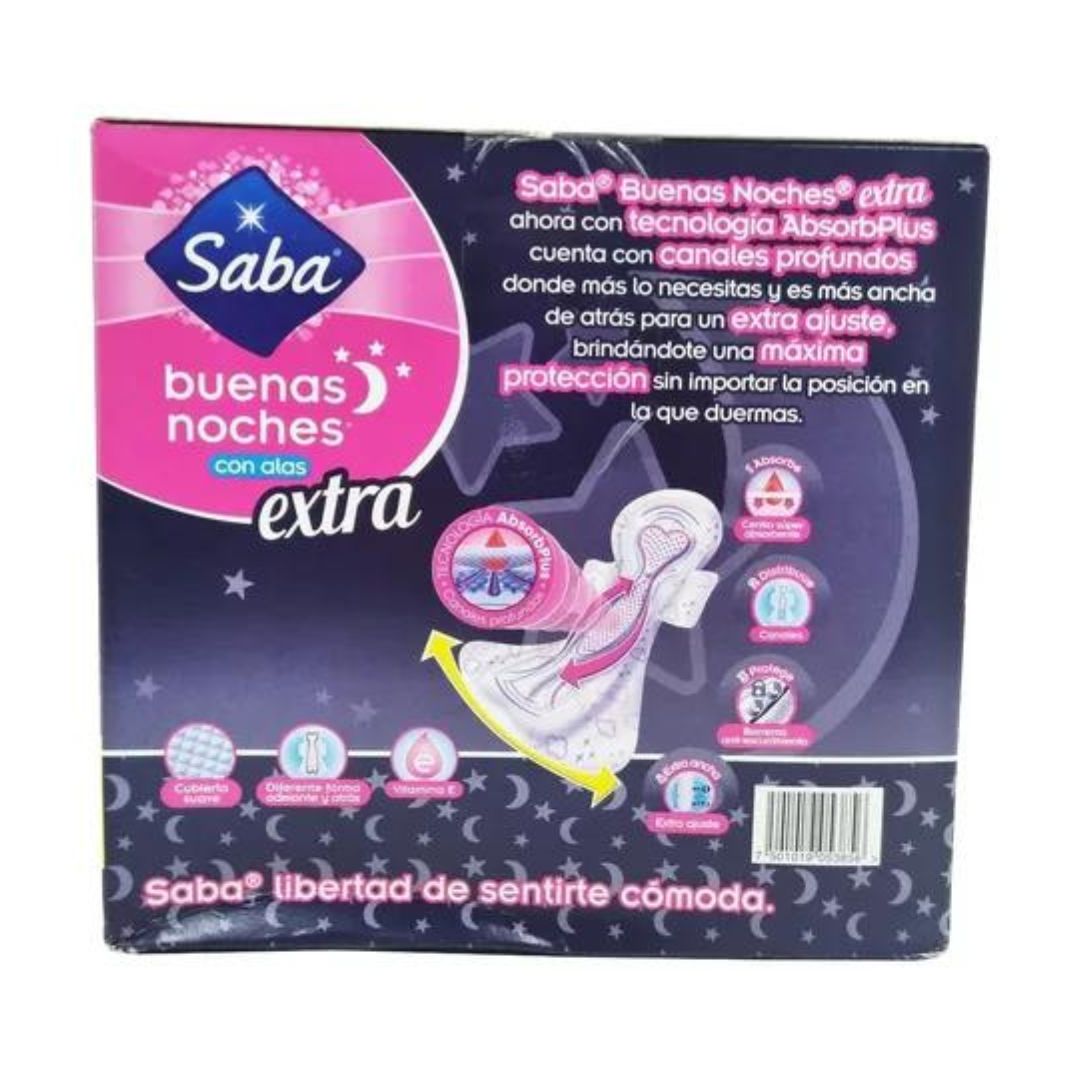 Toallas Femeninas Saba Buenas Noches Con Alas Extra 80 Pz