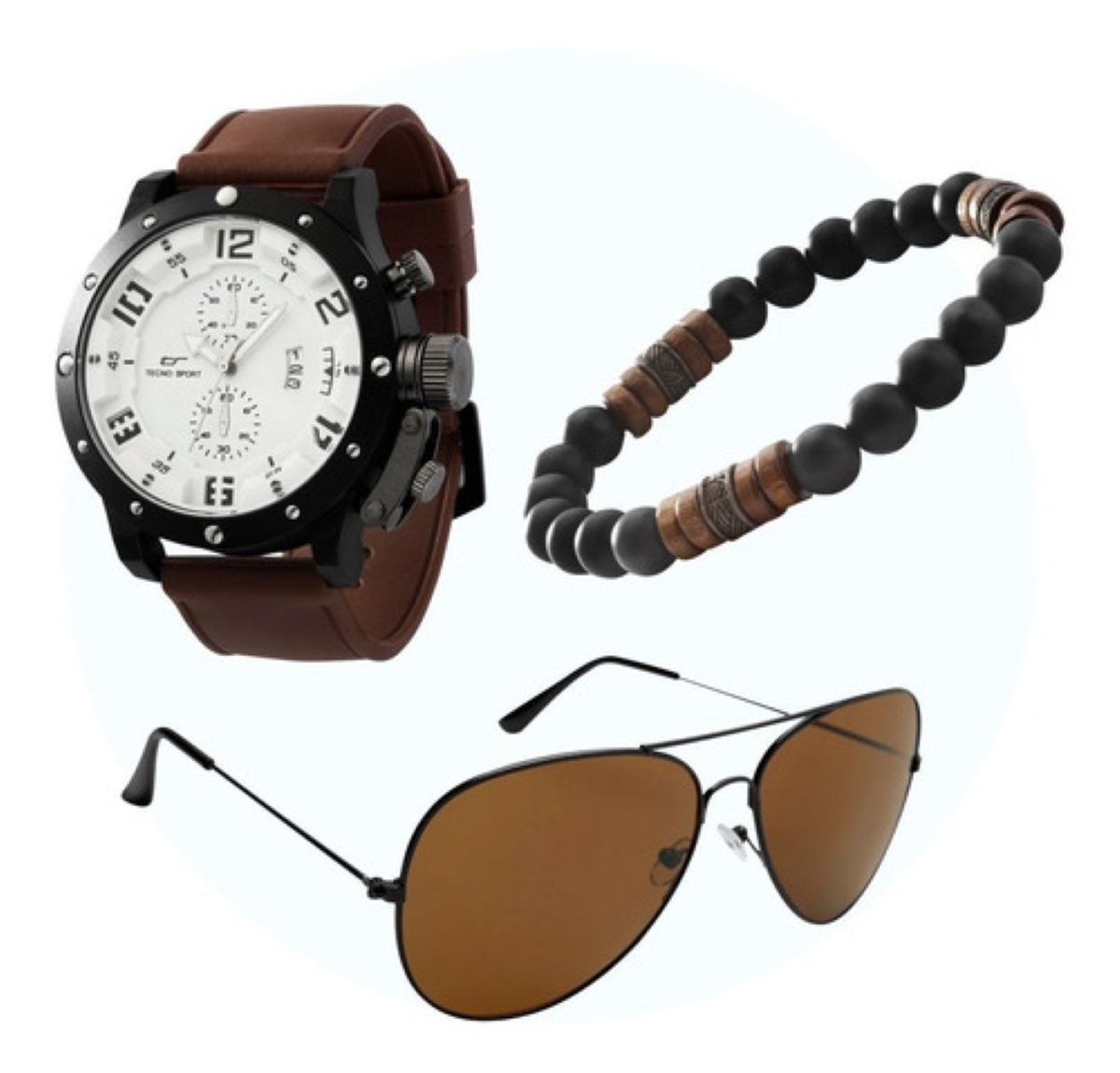 Conjunto de Accesorios para Hombre en tonos café y dorado de estilo formal  / estilo vintage y elegante para hombre , lentes, maletín, reloj, taza,  estuche de lentes. Stock Photo