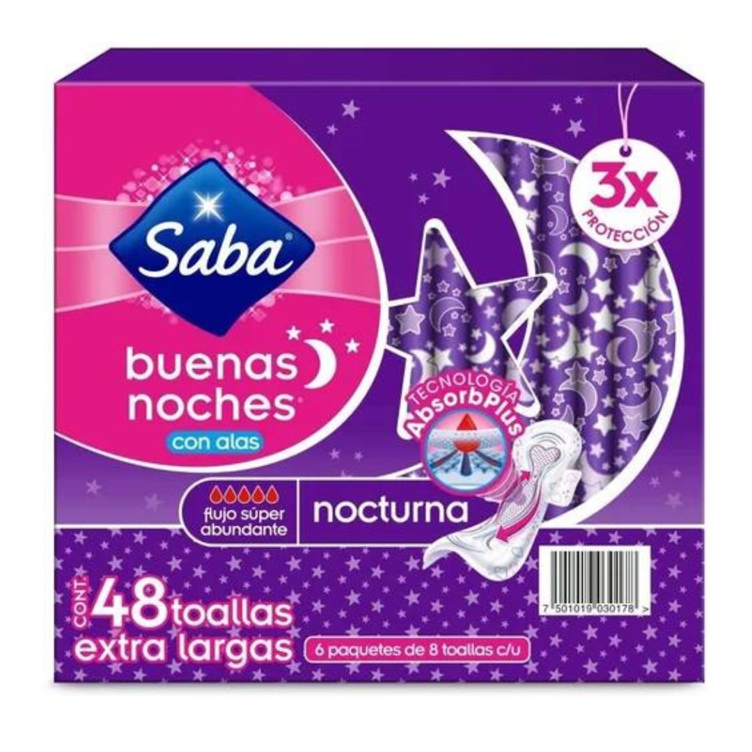 Toallas Femeninas Saba Buenas Noches Nocturna C/alas 48 Pz