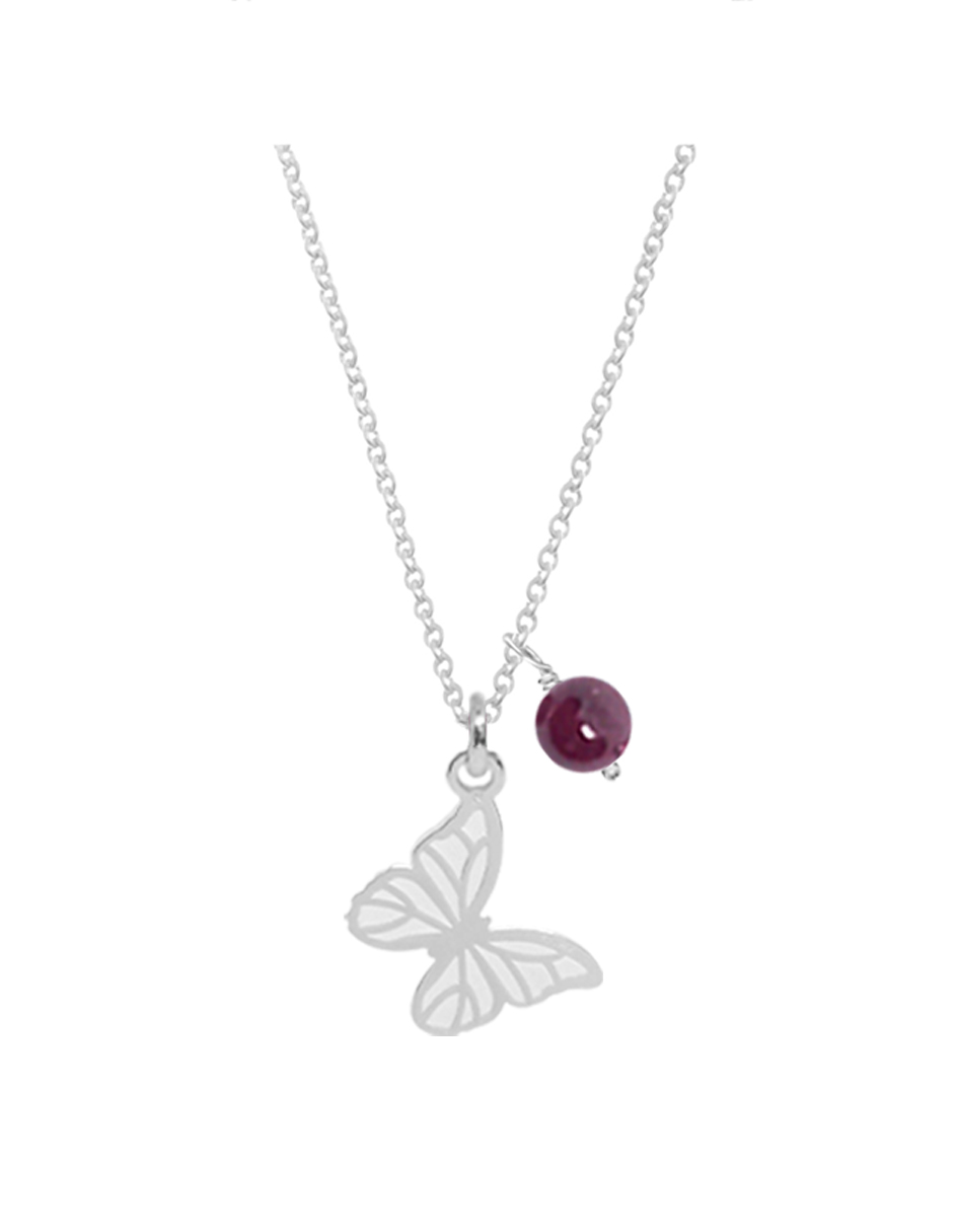 Dije de la Suerte con Mariposa de Plata y Granate con Cadena, Joyería para Mujer